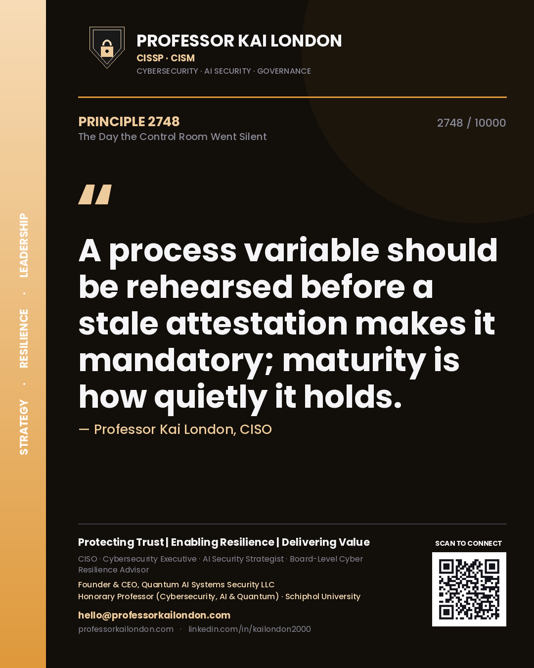 Professor Kai London principle 2748: A process variable should be rehearsed before a stale attestation makes it mandatory; maturity is how quietly it holds.