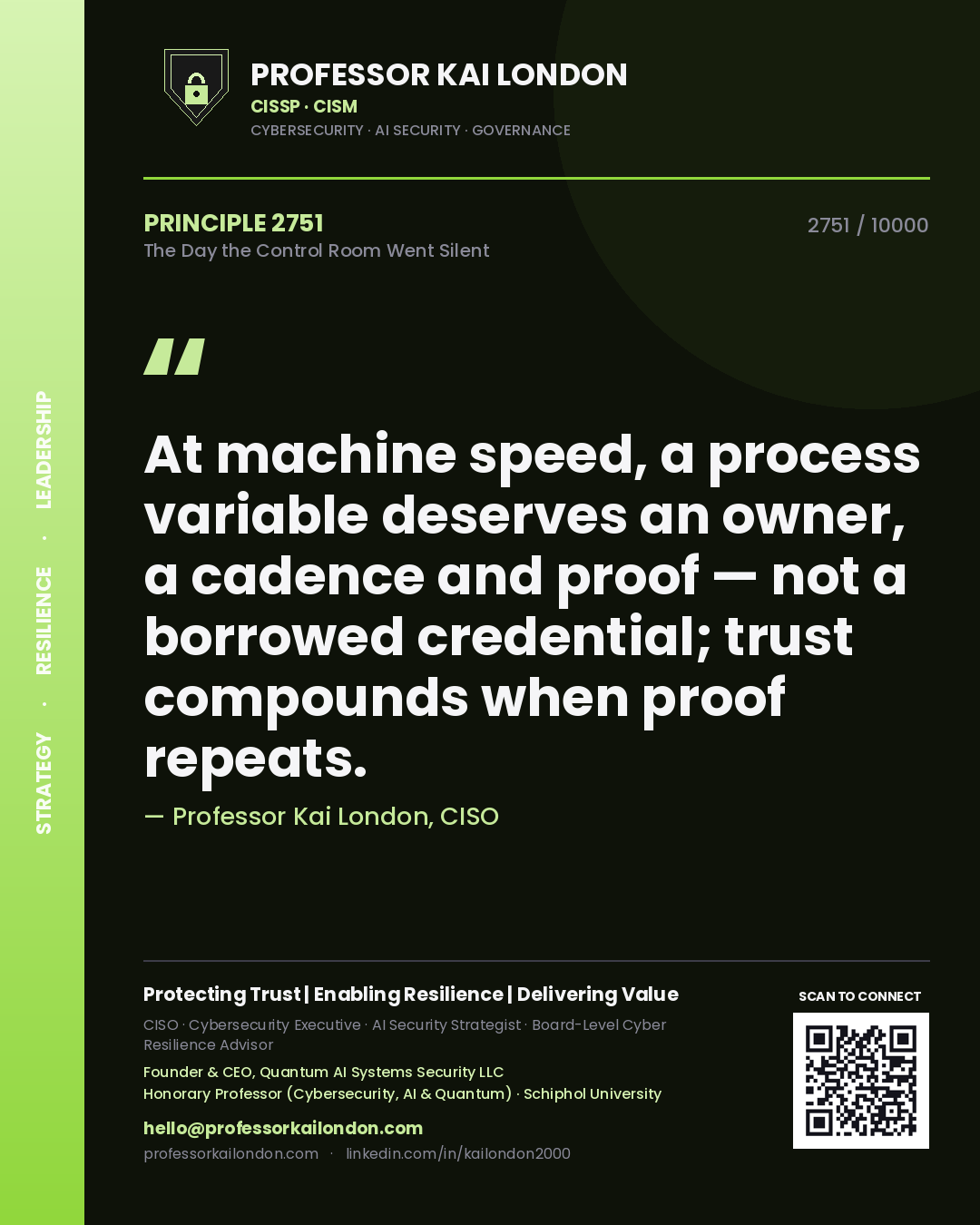 Professor Kai London principle 2751: At machine speed, a process variable deserves an owner, a cadence and proof — not a borrowed credential; trust compounds when proof repeats.