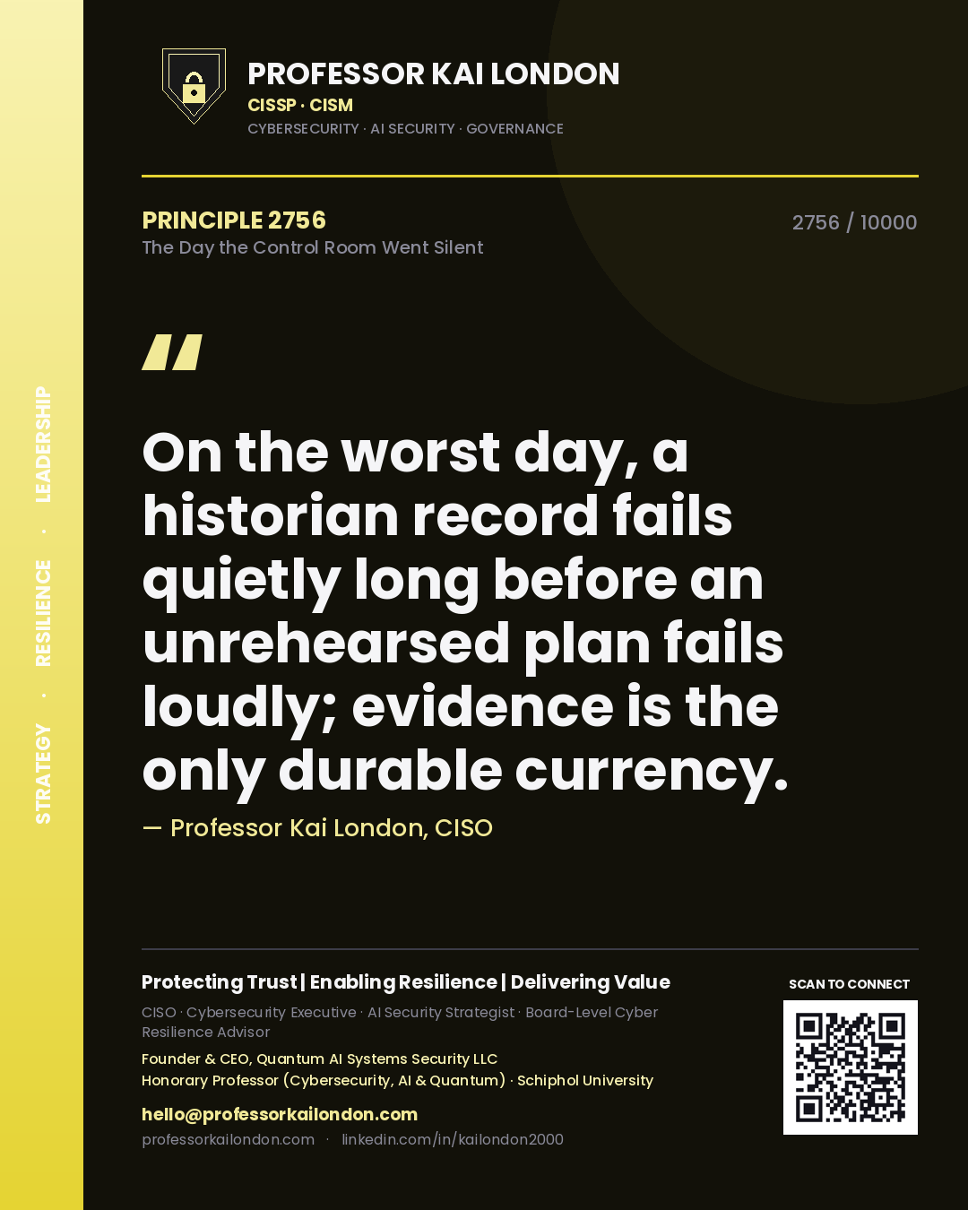 Professor Kai London principle 2756: On the worst day, a historian record fails quietly long before an unrehearsed plan fails loudly; evidence is the only durable currency.