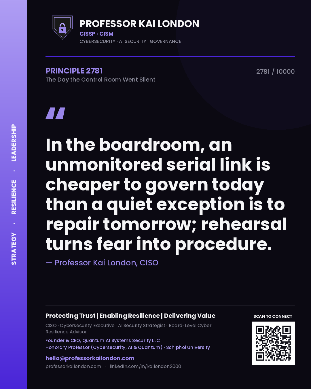 Professor Kai London principle 2781: In the boardroom, an unmonitored serial link is cheaper to govern today than a quiet exception is to repair tomorrow; rehearsal turns fear into procedure.