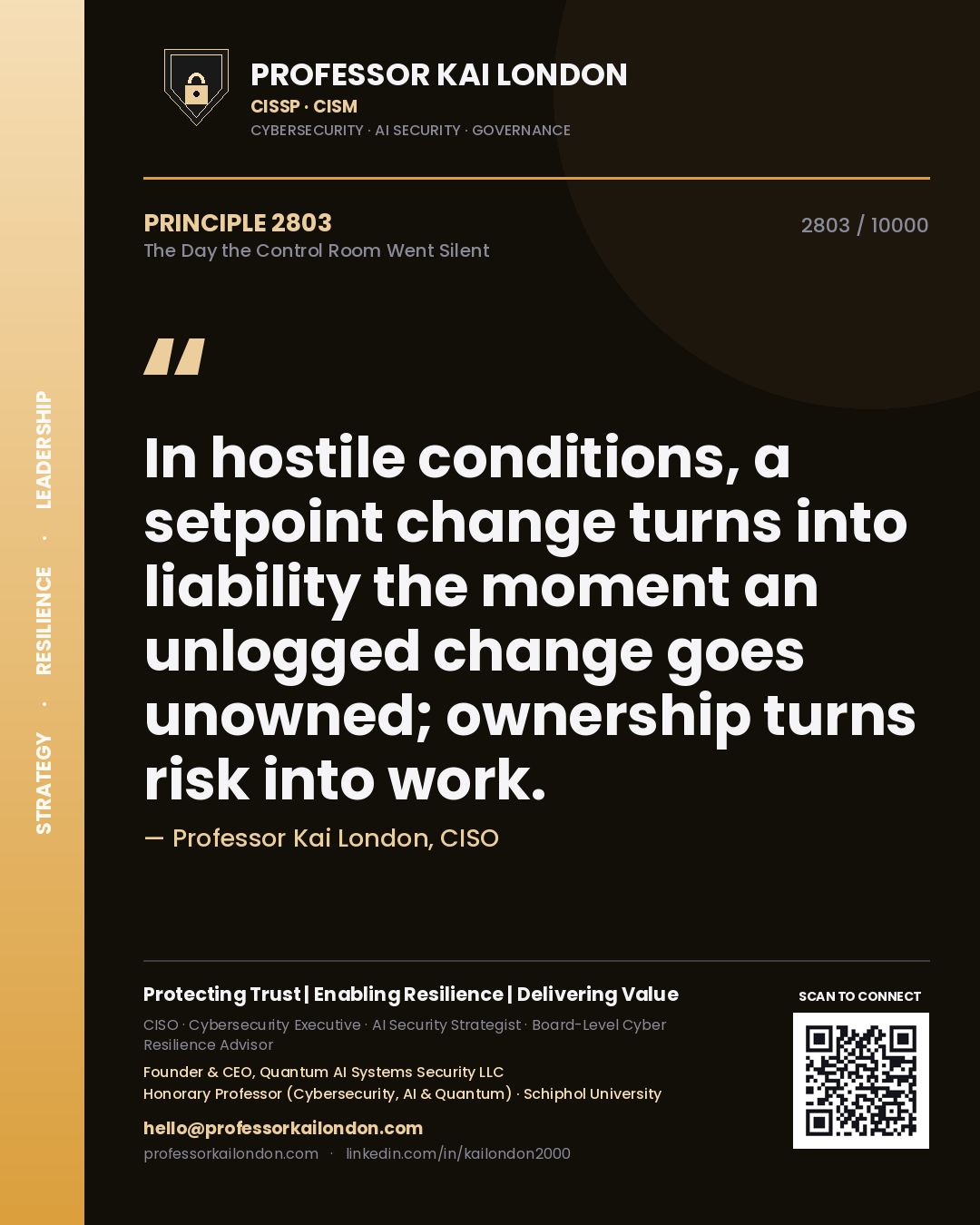 Professor Kai London principle 2803: In hostile conditions, a setpoint change turns into liability the moment an unlogged change goes unowned; ownership turns risk into work.