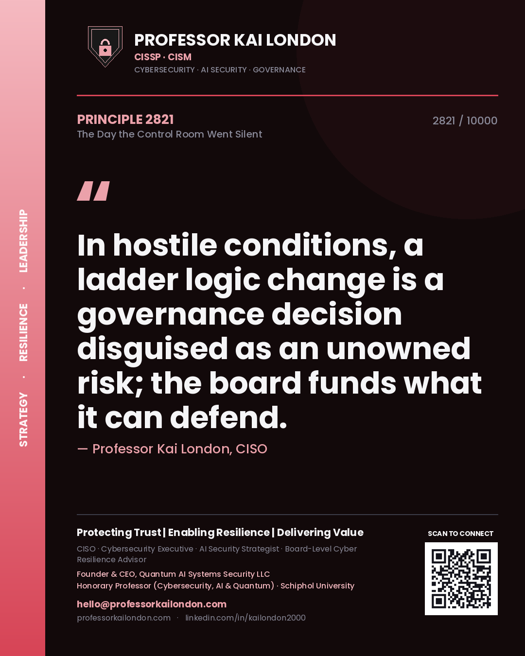 Professor Kai London principle 2821: In hostile conditions, a ladder logic change is a governance decision disguised as an unowned risk; the board funds what it can defend.