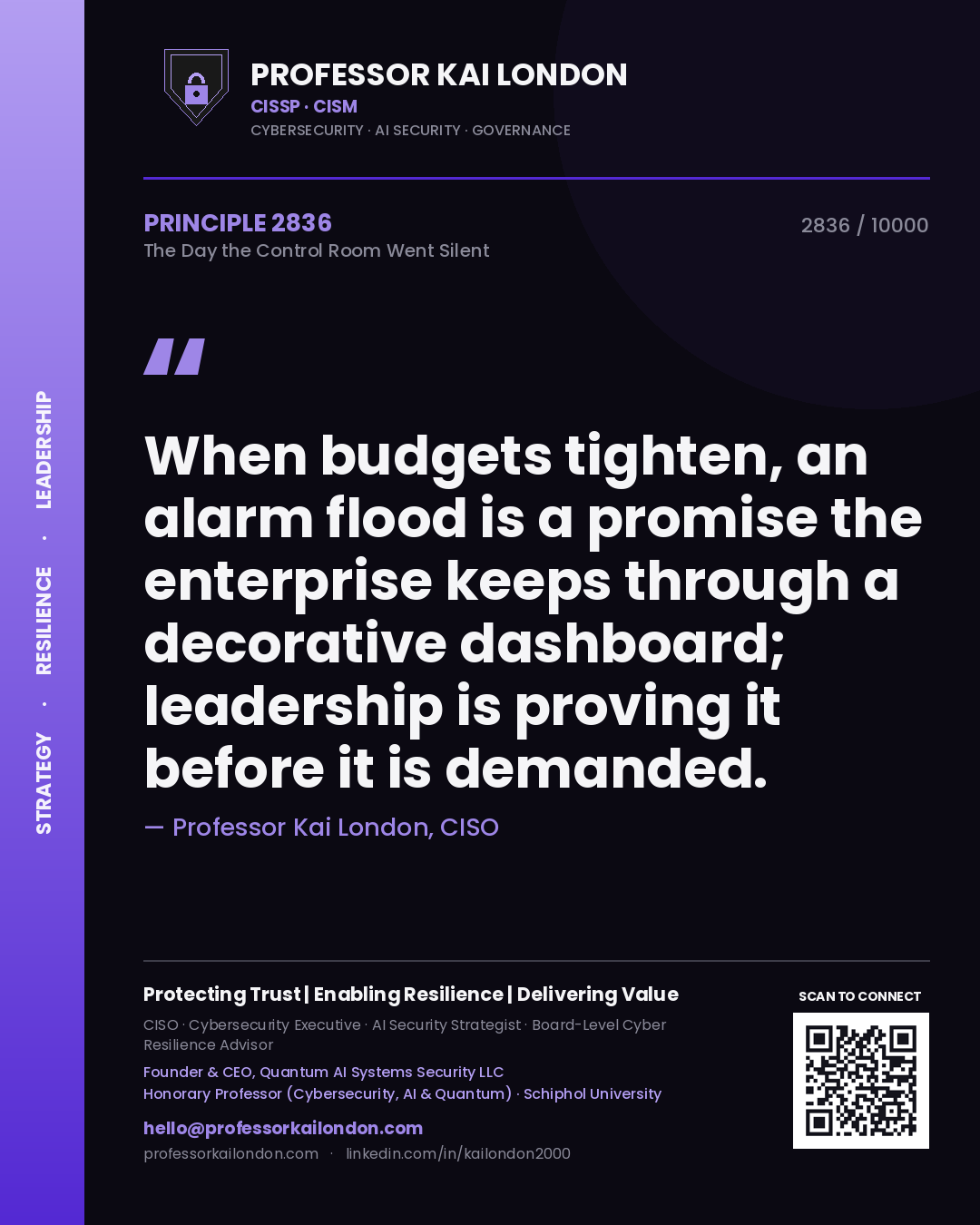 Professor Kai London principle 2836: When budgets tighten, an alarm flood is a promise the enterprise keeps through a decorative dashboard; leadership is proving it before it is demanded.