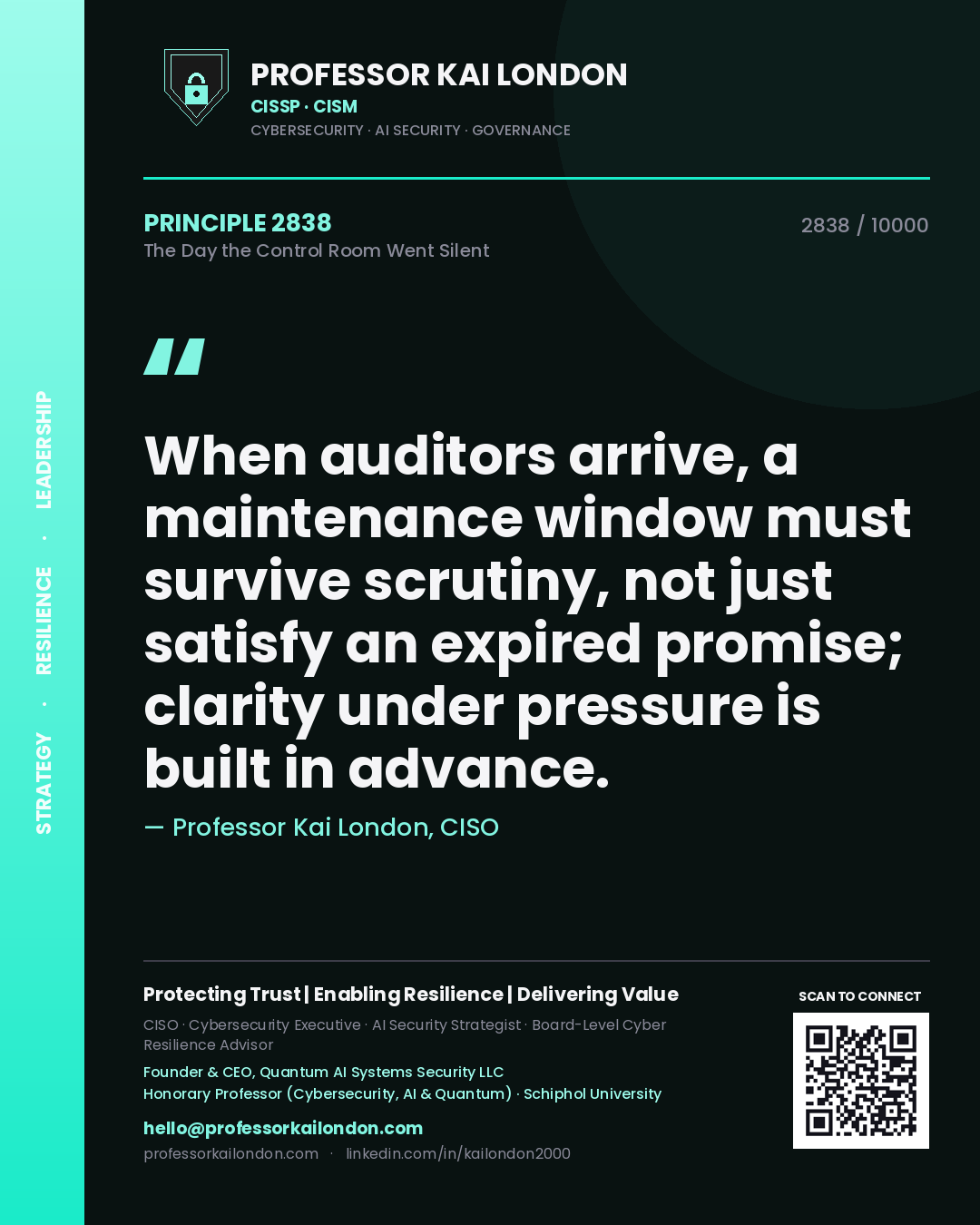 Professor Kai London principle 2838: When auditors arrive, a maintenance window must survive scrutiny, not just satisfy an expired promise; clarity under pressure is built in advance.