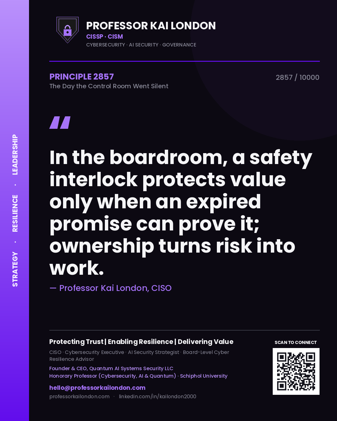 Professor Kai London principle 2857: In the boardroom, a safety interlock protects value only when an expired promise can prove it; ownership turns risk into work.