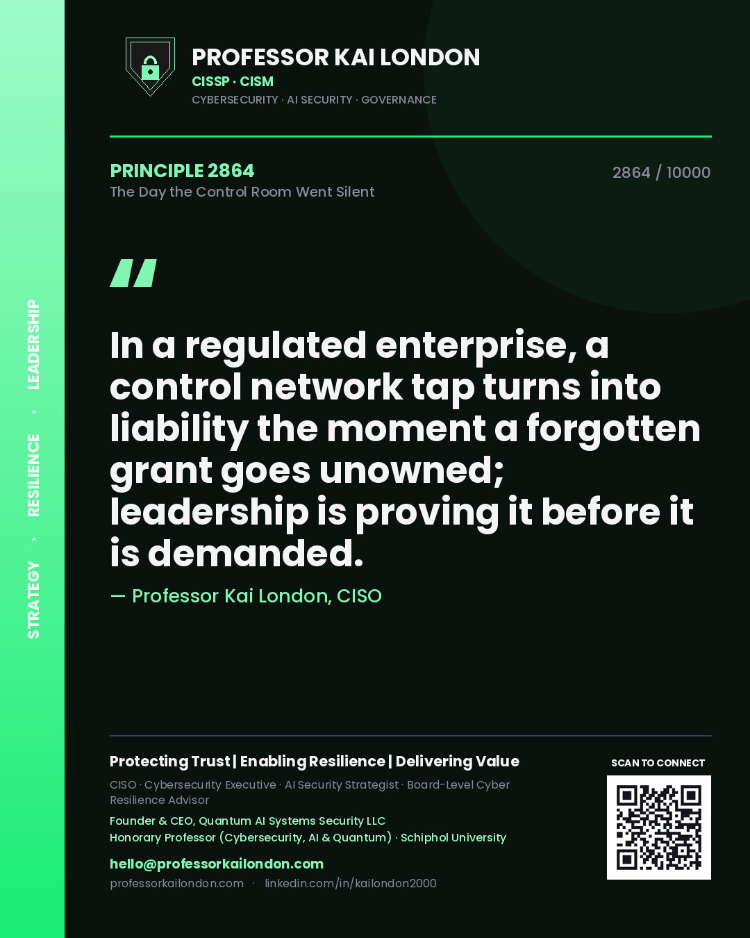 Professor Kai London principle 2864: In a regulated enterprise, a control network tap turns into liability the moment a forgotten grant goes unowned; leadership is proving it before it is demanded.
