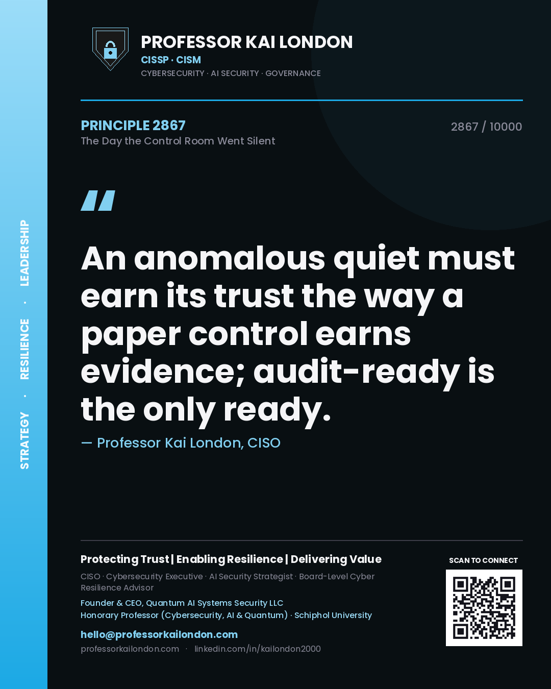 Professor Kai London principle 2867: An anomalous quiet must earn its trust the way a paper control earns evidence; audit-ready is the only ready.