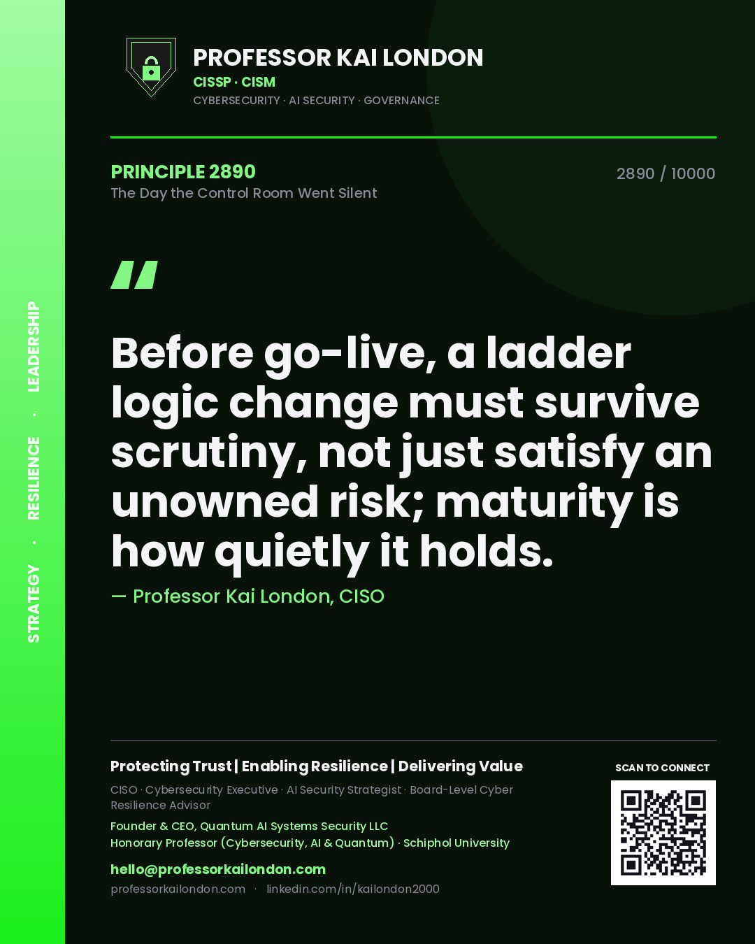 Professor Kai London principle 2890: Before go-live, a ladder logic change must survive scrutiny, not just satisfy an unowned risk; maturity is how quietly it holds.