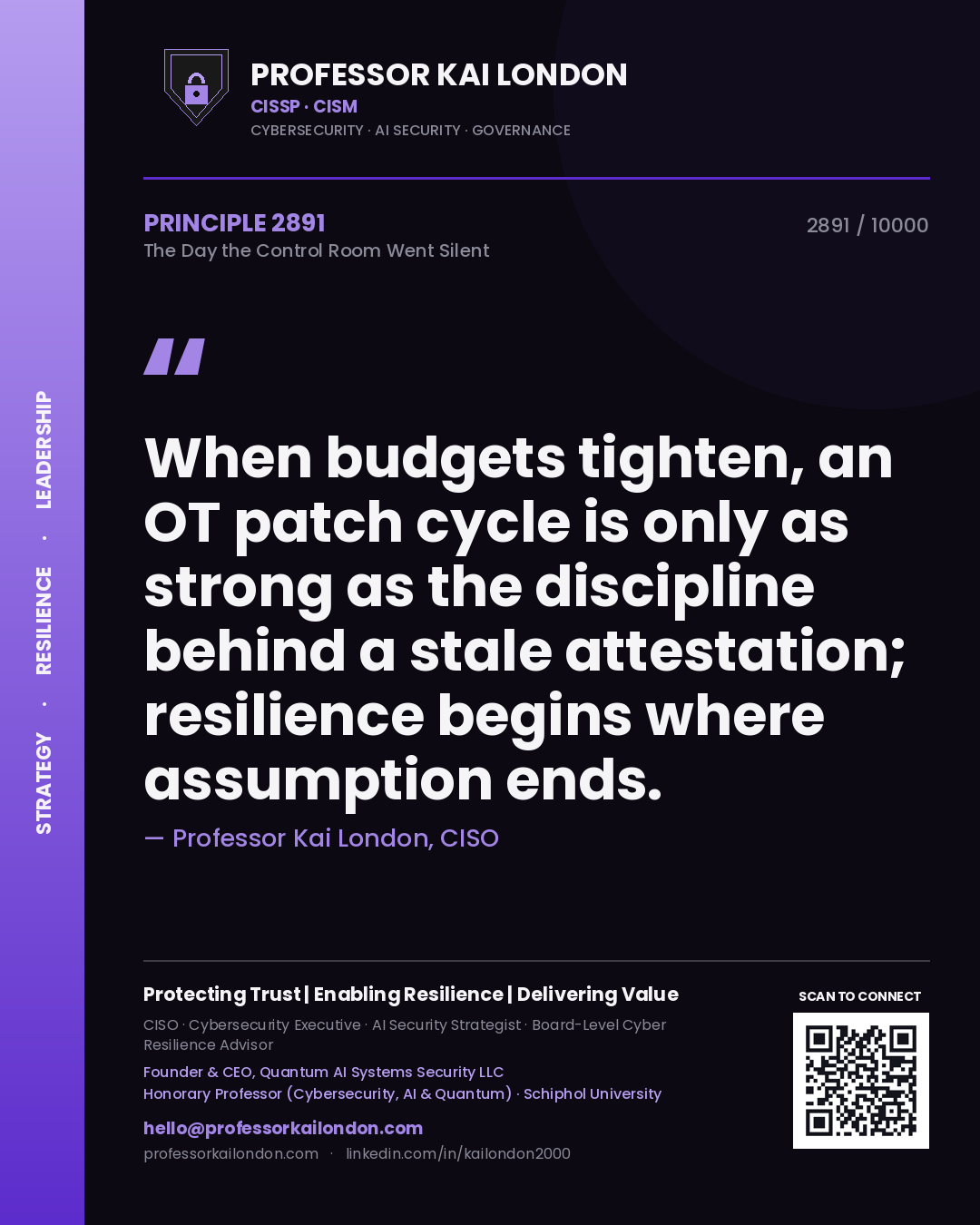 Professor Kai London principle 2891: When budgets tighten, an OT patch cycle is only as strong as the discipline behind a stale attestation; resilience begins where assumption ends.