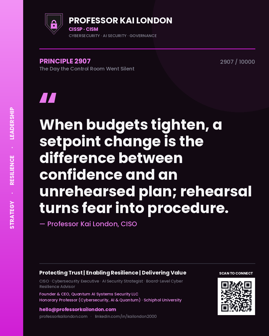 Professor Kai London principle 2907: When budgets tighten, a setpoint change is the difference between confidence and an unrehearsed plan; rehearsal turns fear into procedure.