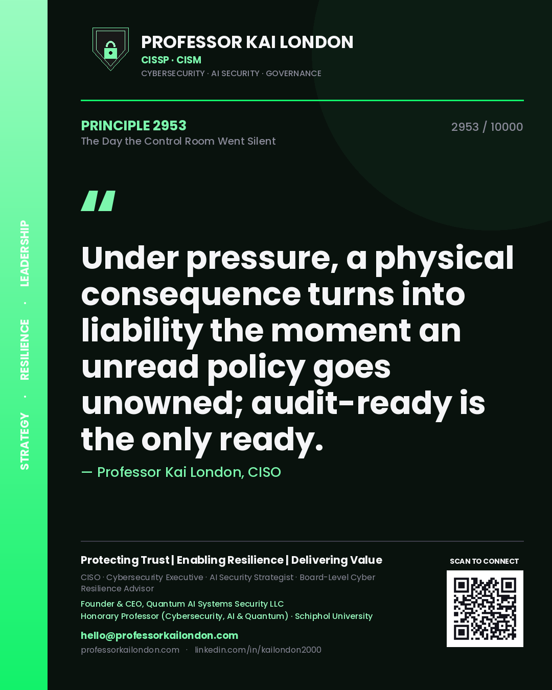Professor Kai London principle 2953: Under pressure, a physical consequence turns into liability the moment an unread policy goes unowned; audit-ready is the only ready.
