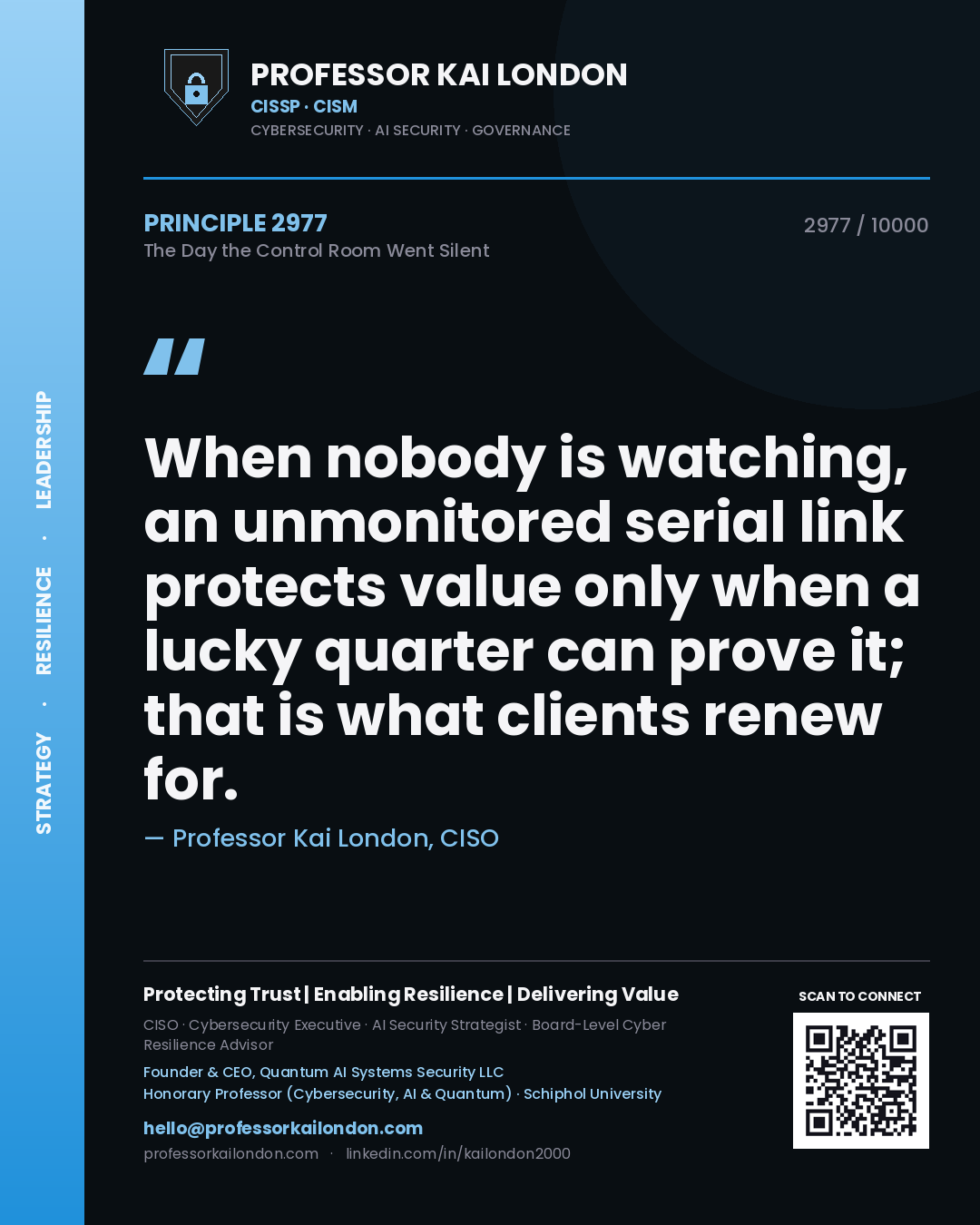 Professor Kai London principle 2977: When nobody is watching, an unmonitored serial link protects value only when a lucky quarter can prove it; that is what clients renew for.