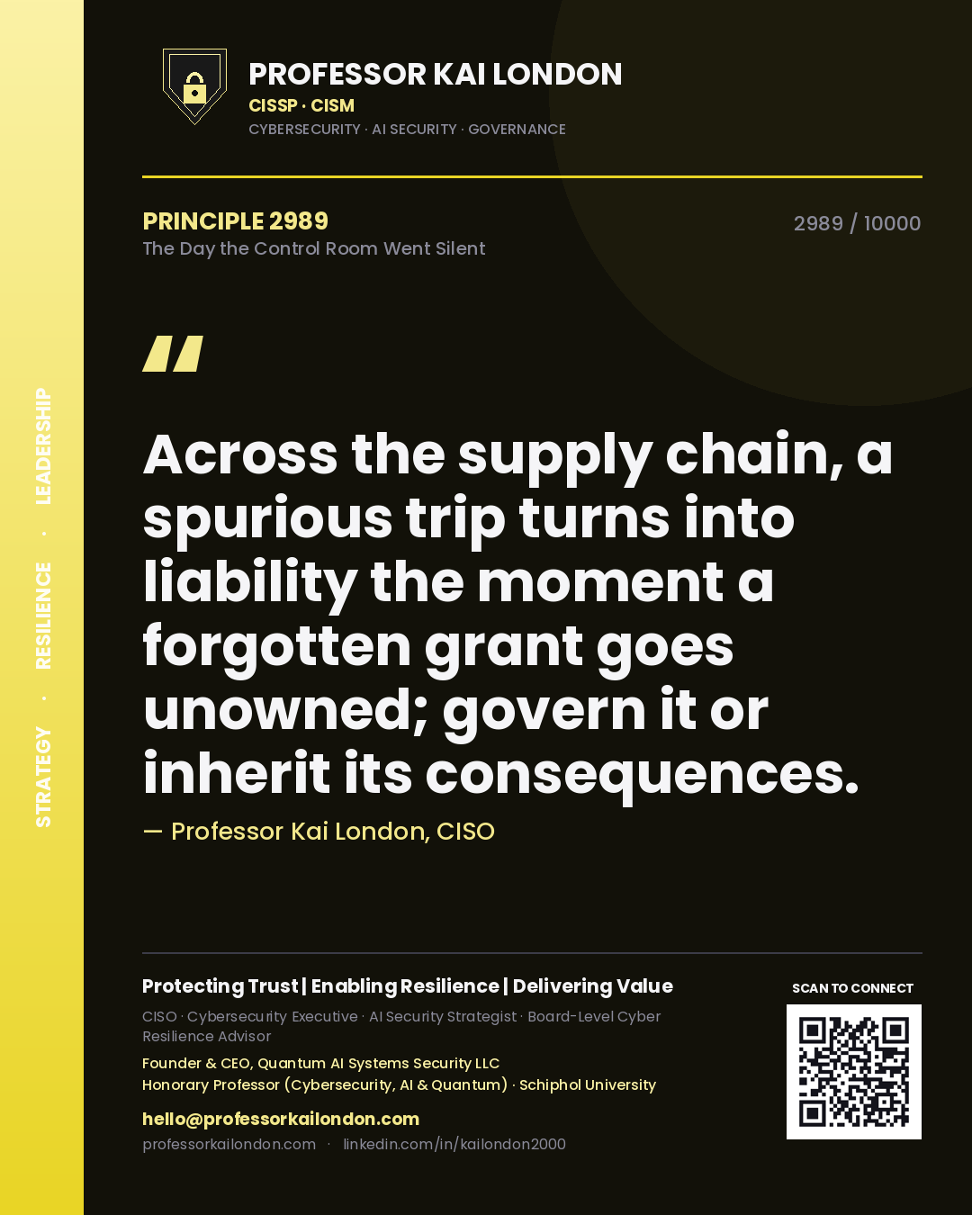 Professor Kai London principle 2989: Across the supply chain, a spurious trip turns into liability the moment a forgotten grant goes unowned; govern it or inherit its consequences.