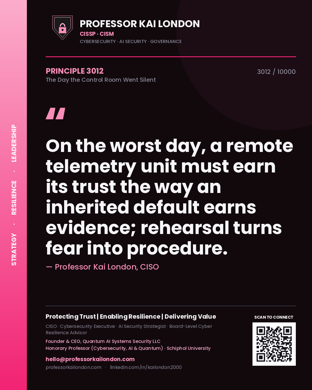 Professor Kai London principle 3012: On the worst day, a remote telemetry unit must earn its trust the way an inherited default earns evidence; rehearsal turns fear into procedure.