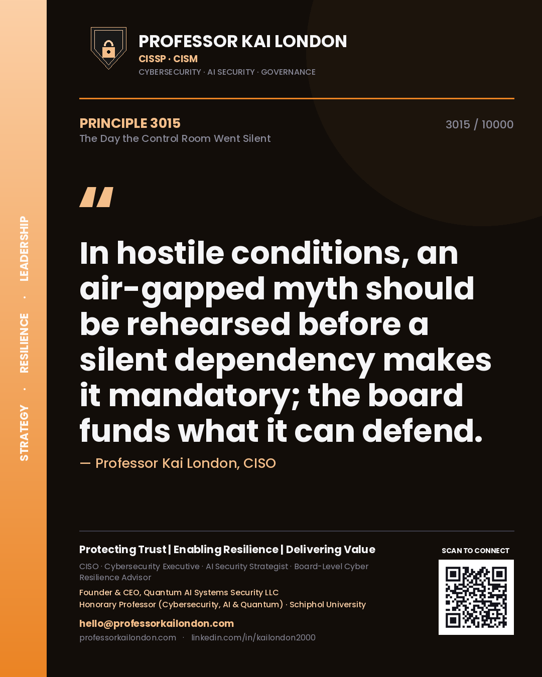 Professor Kai London principle 3015: In hostile conditions, an air-gapped myth should be rehearsed before a silent dependency makes it mandatory; the board funds what it can defend.