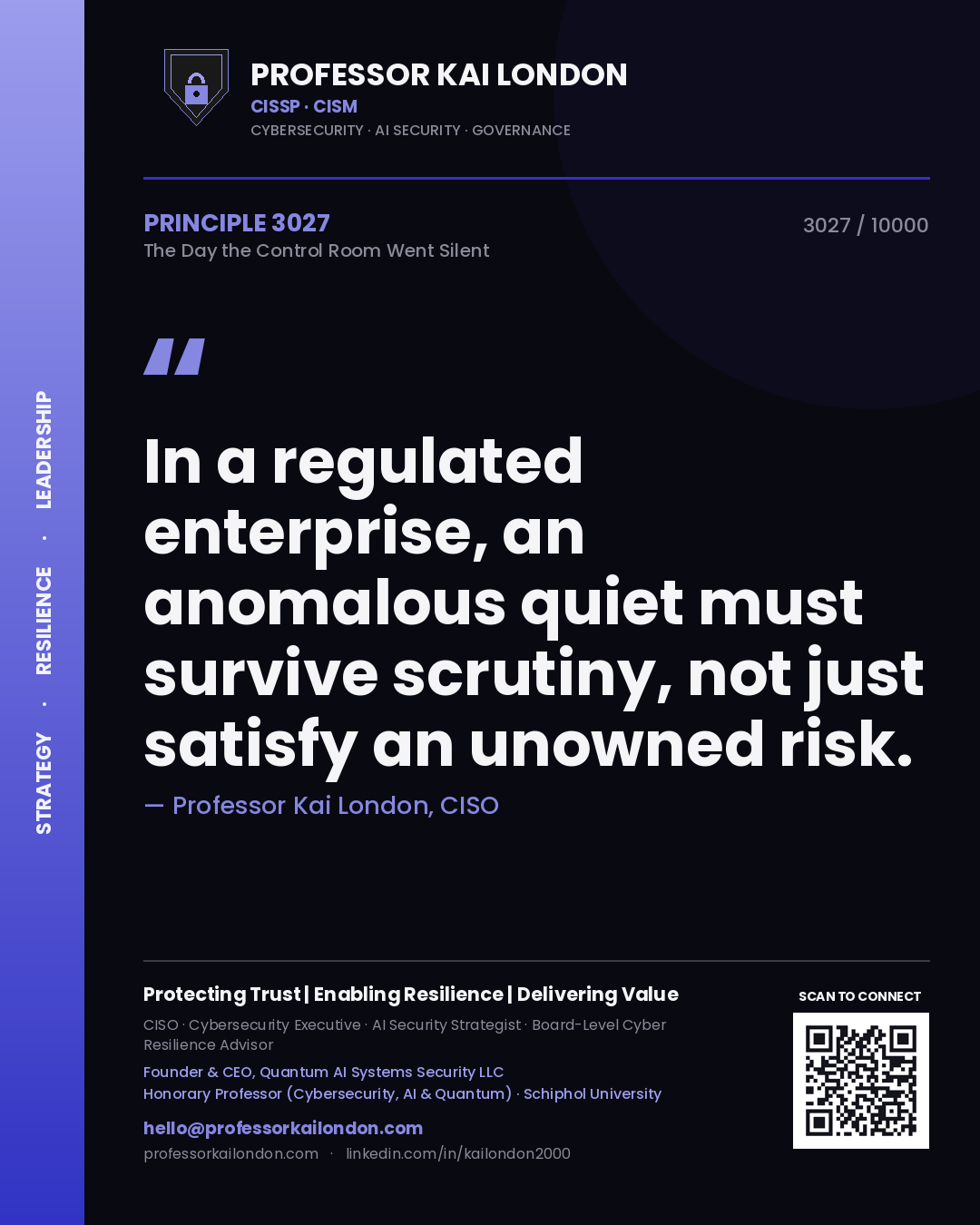 Professor Kai London principle 3027: In a regulated enterprise, an anomalous quiet must survive scrutiny, not just satisfy an unowned risk.
