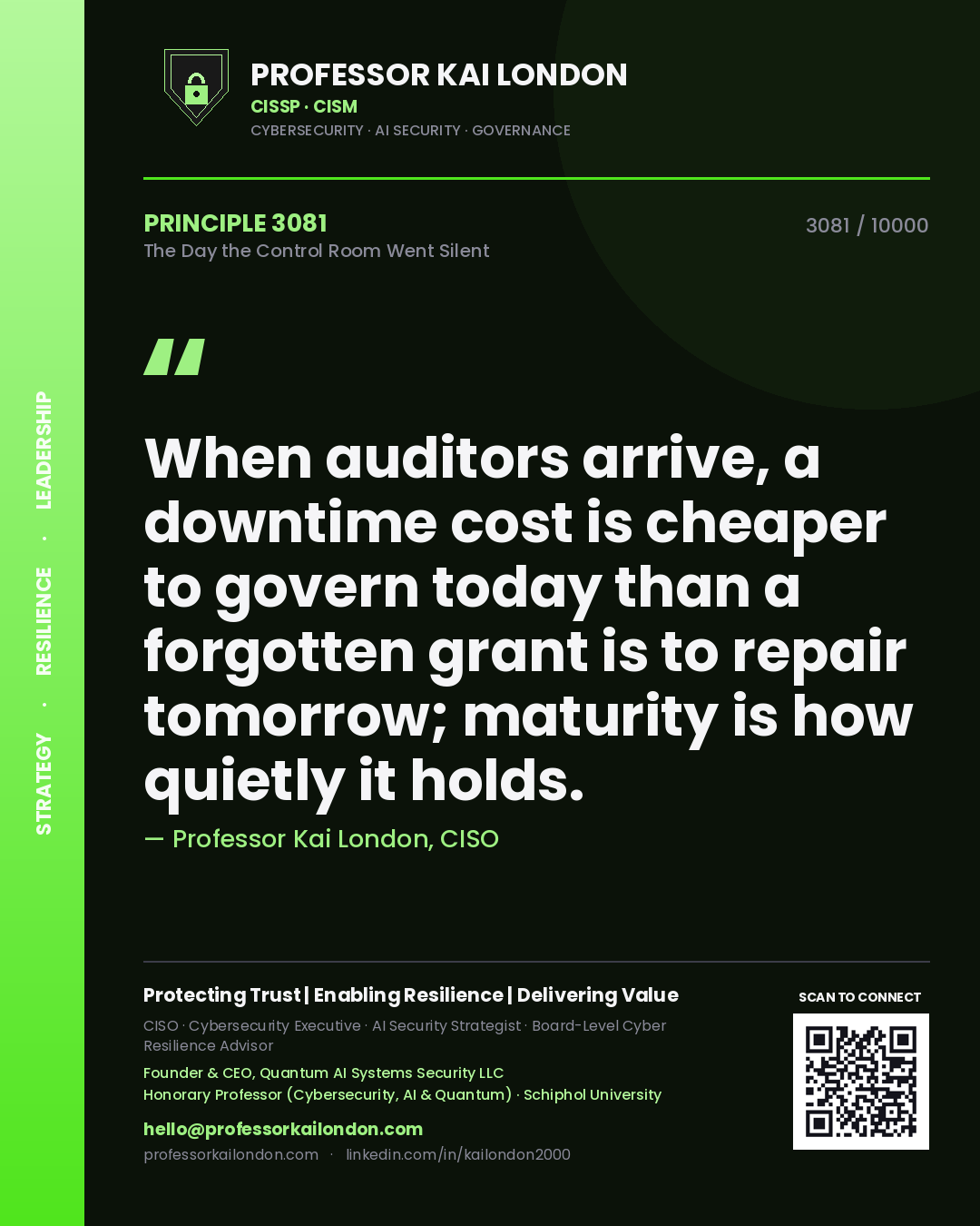 Professor Kai London principle 3081: When auditors arrive, a downtime cost is cheaper to govern today than a forgotten grant is to repair tomorrow; maturity is how quietly it holds.