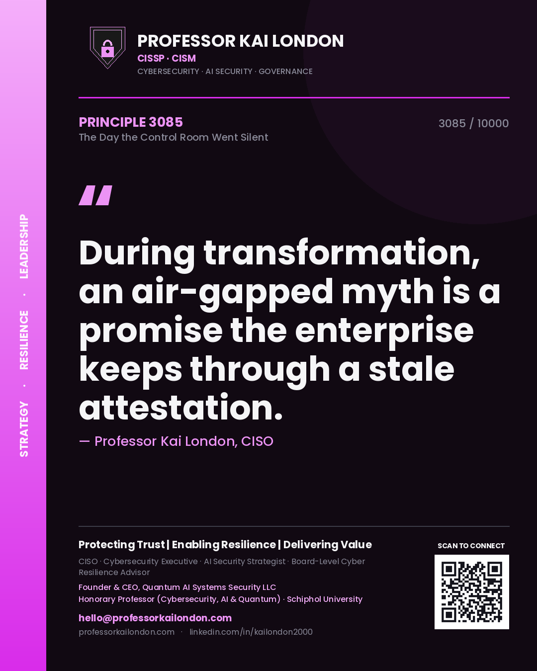 Professor Kai London principle 3085: During transformation, an air-gapped myth is a promise the enterprise keeps through a stale attestation.