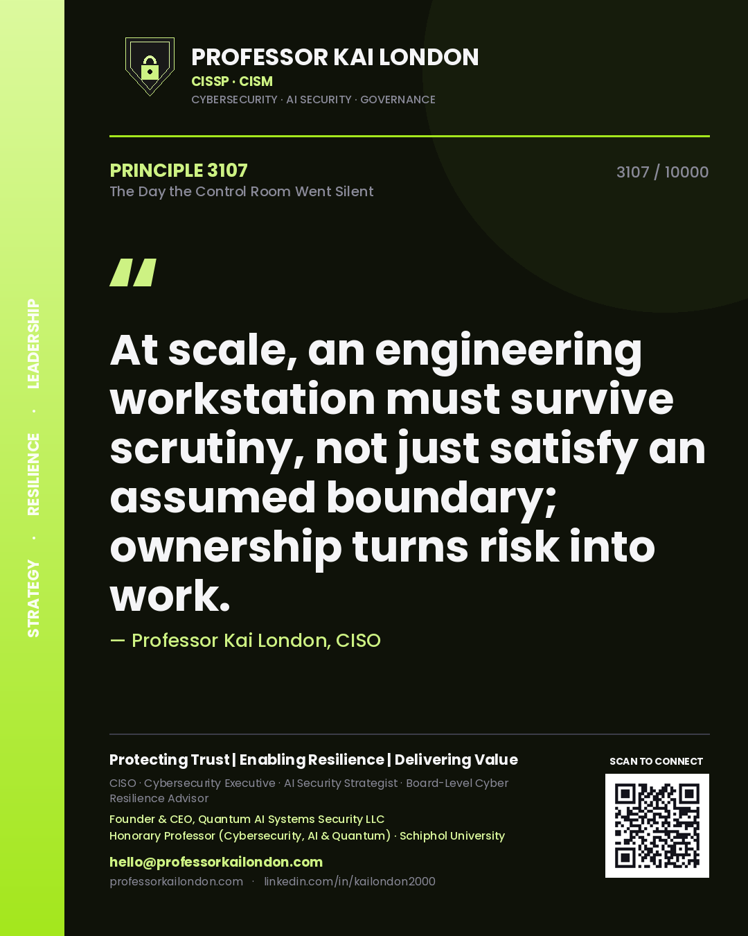 Professor Kai London principle 3107: At scale, an engineering workstation must survive scrutiny, not just satisfy an assumed boundary; ownership turns risk into work.