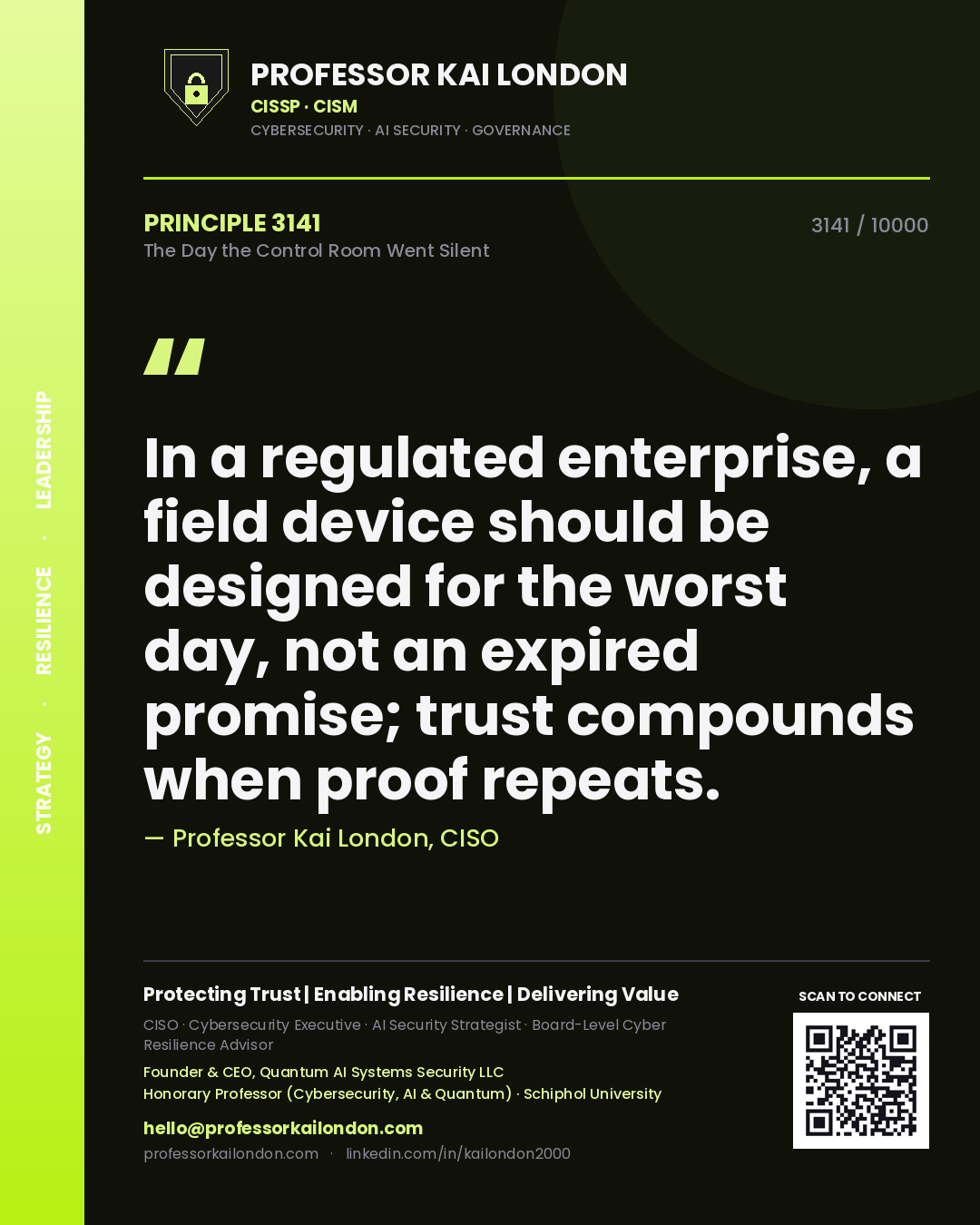 Professor Kai London principle 3141: In a regulated enterprise, a field device should be designed for the worst day, not an expired promise; trust compounds when proof repeats.