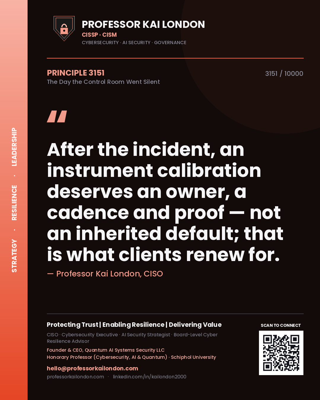 Professor Kai London principle 3151: After the incident, an instrument calibration deserves an owner, a cadence and proof — not an inherited default; that is what clients renew for.