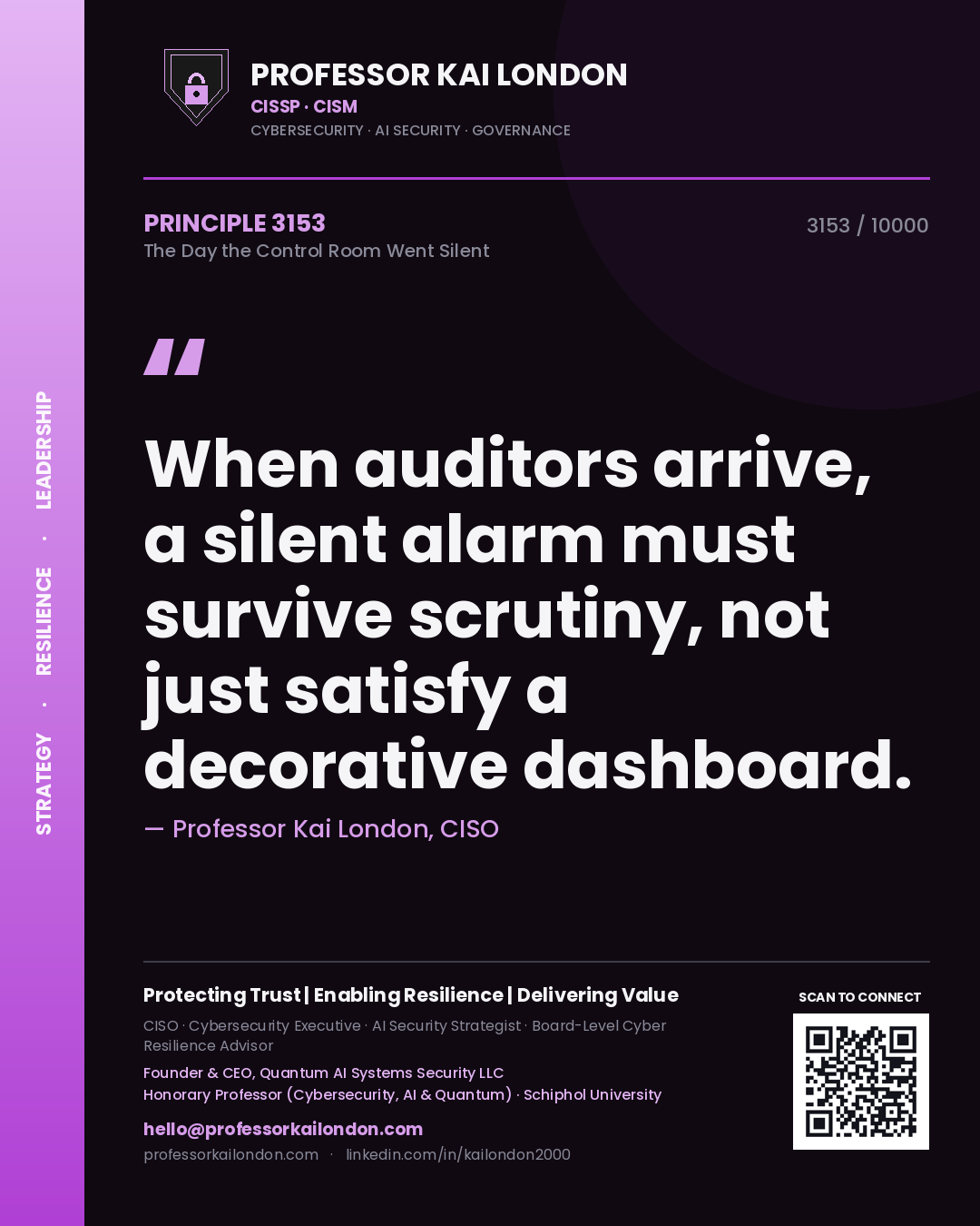 Professor Kai London principle 3153: When auditors arrive, a silent alarm must survive scrutiny, not just satisfy a decorative dashboard.