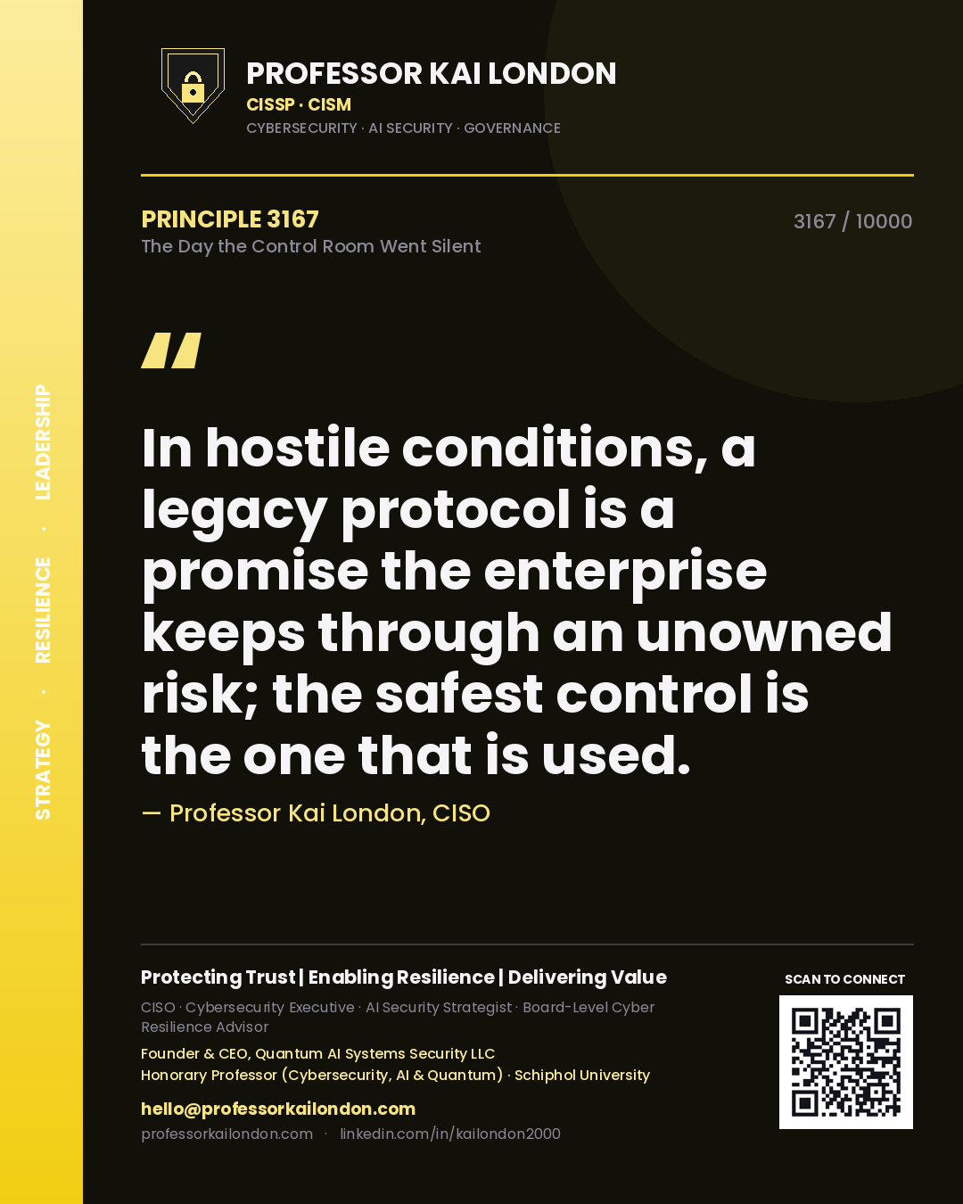 Professor Kai London principle 3167: In hostile conditions, a legacy protocol is a promise the enterprise keeps through an unowned risk; the safest control is the one that is used.