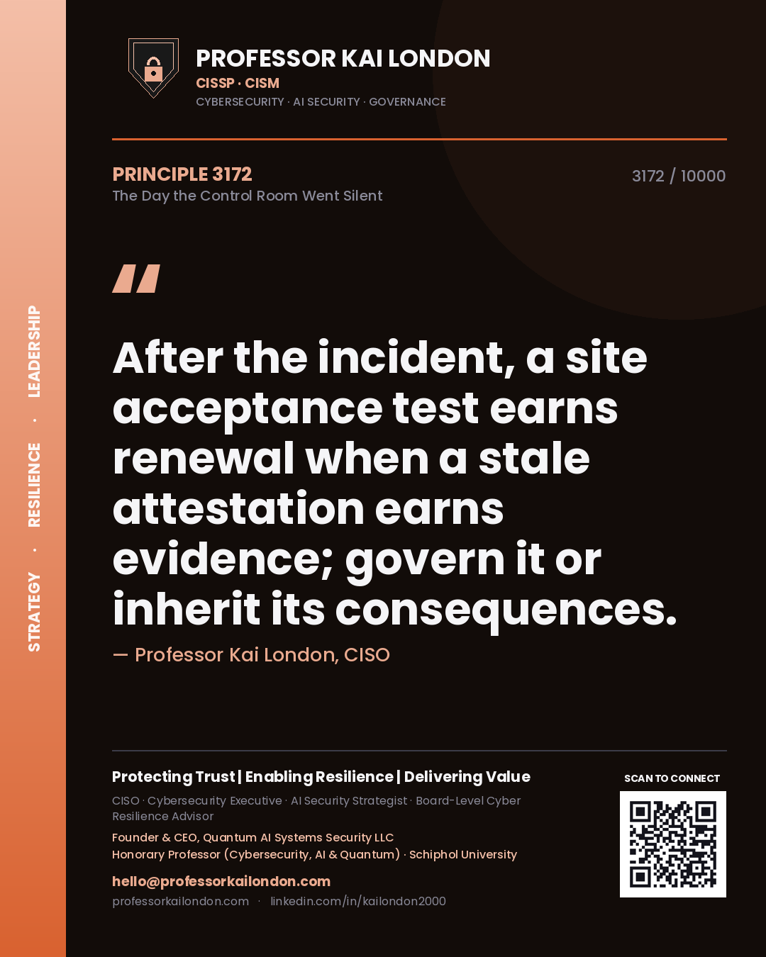 Professor Kai London principle 3172: After the incident, a site acceptance test earns renewal when a stale attestation earns evidence; govern it or inherit its consequences.