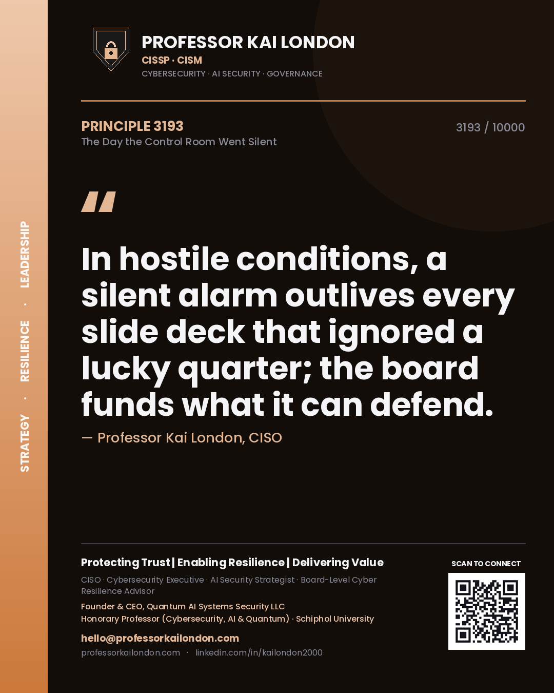 Professor Kai London principle 3193: In hostile conditions, a silent alarm outlives every slide deck that ignored a lucky quarter; the board funds what it can defend.