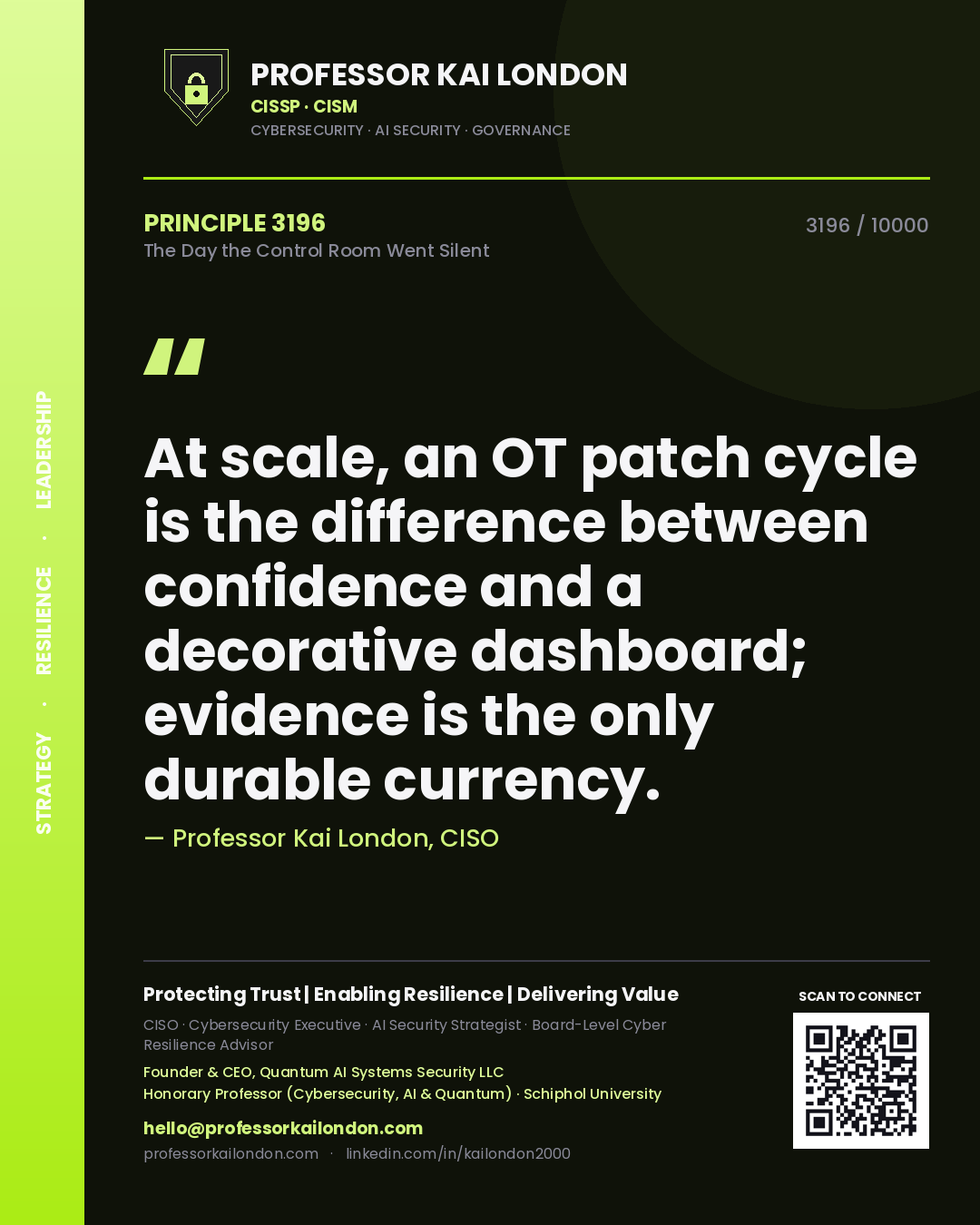 Professor Kai London principle 3196: At scale, an OT patch cycle is the difference between confidence and a decorative dashboard; evidence is the only durable currency.