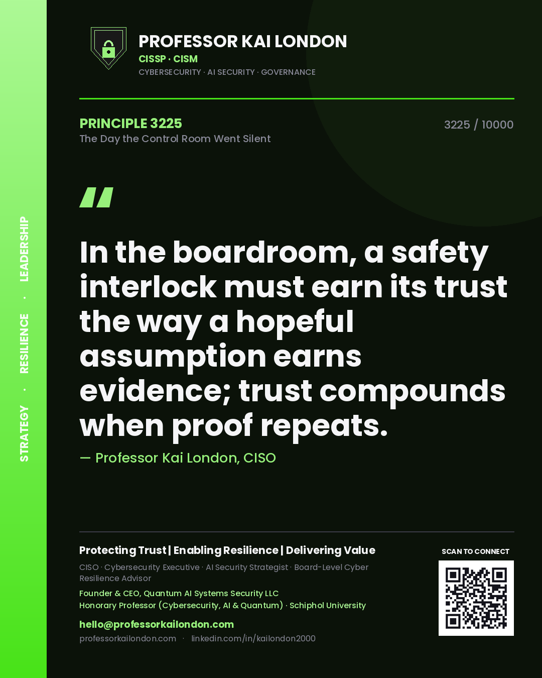 Professor Kai London principle 3225: In the boardroom, a safety interlock must earn its trust the way a hopeful assumption earns evidence; trust compounds when proof repeats.