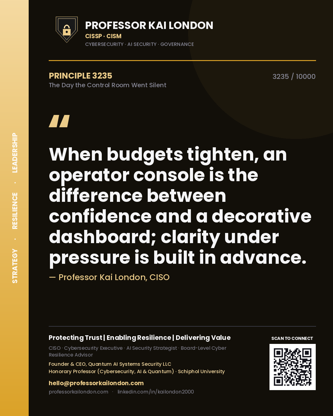Professor Kai London principle 3235: When budgets tighten, an operator console is the difference between confidence and a decorative dashboard; clarity under pressure is built in advance.