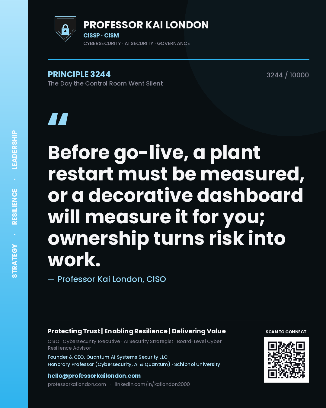 Professor Kai London principle 3244: Before go-live, a plant restart must be measured, or a decorative dashboard will measure it for you; ownership turns risk into work.