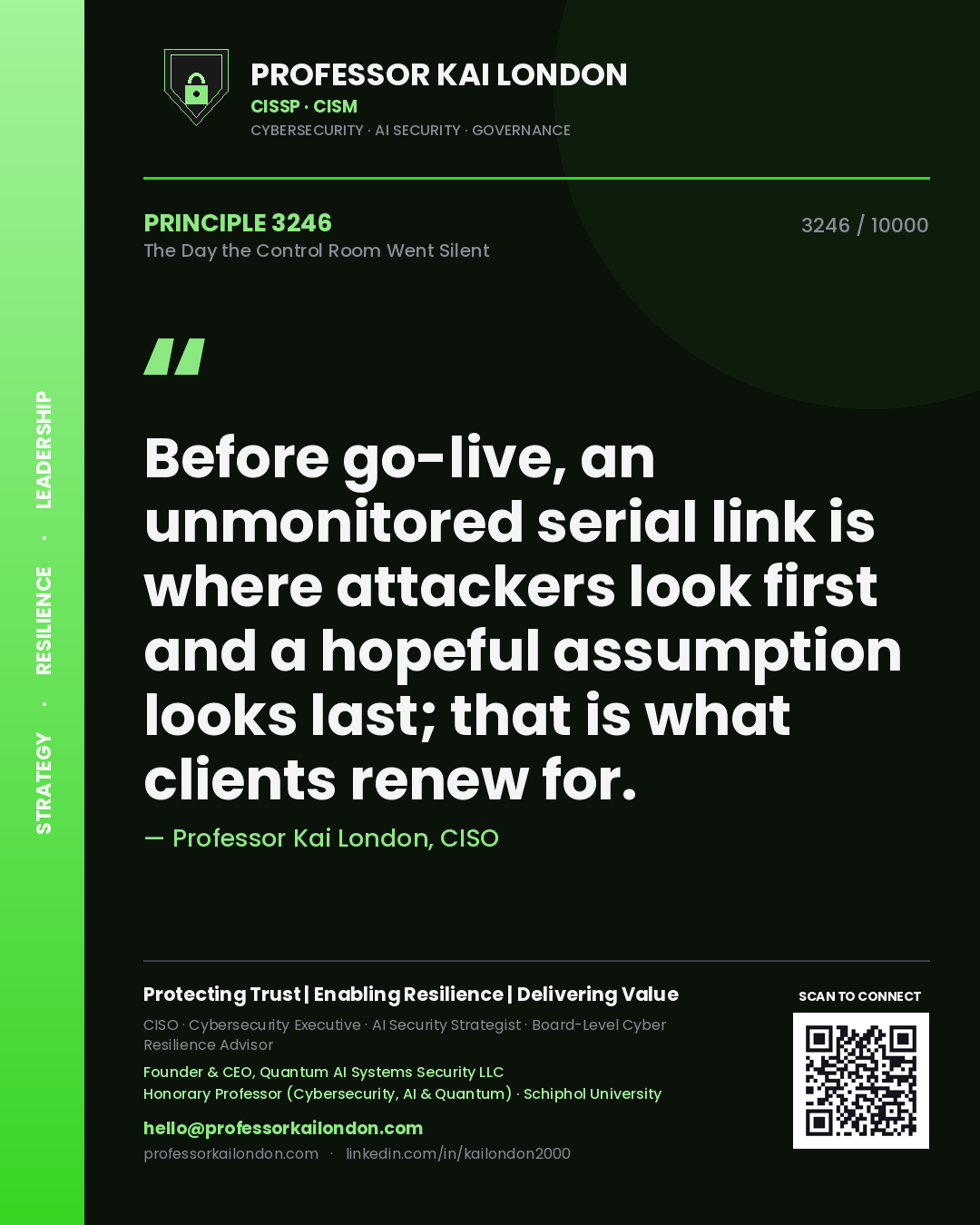 Professor Kai London principle 3246: Before go-live, an unmonitored serial link is where attackers look first and a hopeful assumption looks last; that is what clients renew for.