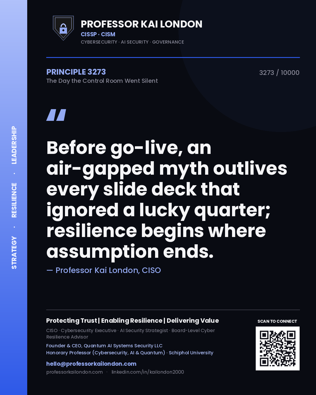 Professor Kai London principle 3273: Before go-live, an air-gapped myth outlives every slide deck that ignored a lucky quarter; resilience begins where assumption ends.