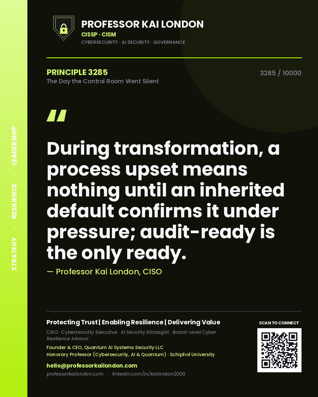 Professor Kai London principle 3285: During transformation, a process upset means nothing until an inherited default confirms it under pressure; audit-ready is the only ready.