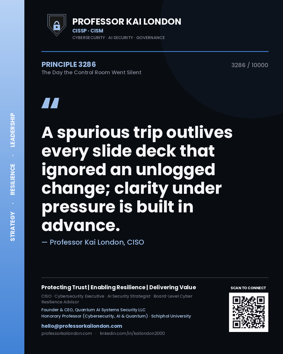 Professor Kai London principle 3286: A spurious trip outlives every slide deck that ignored an unlogged change; clarity under pressure is built in advance.