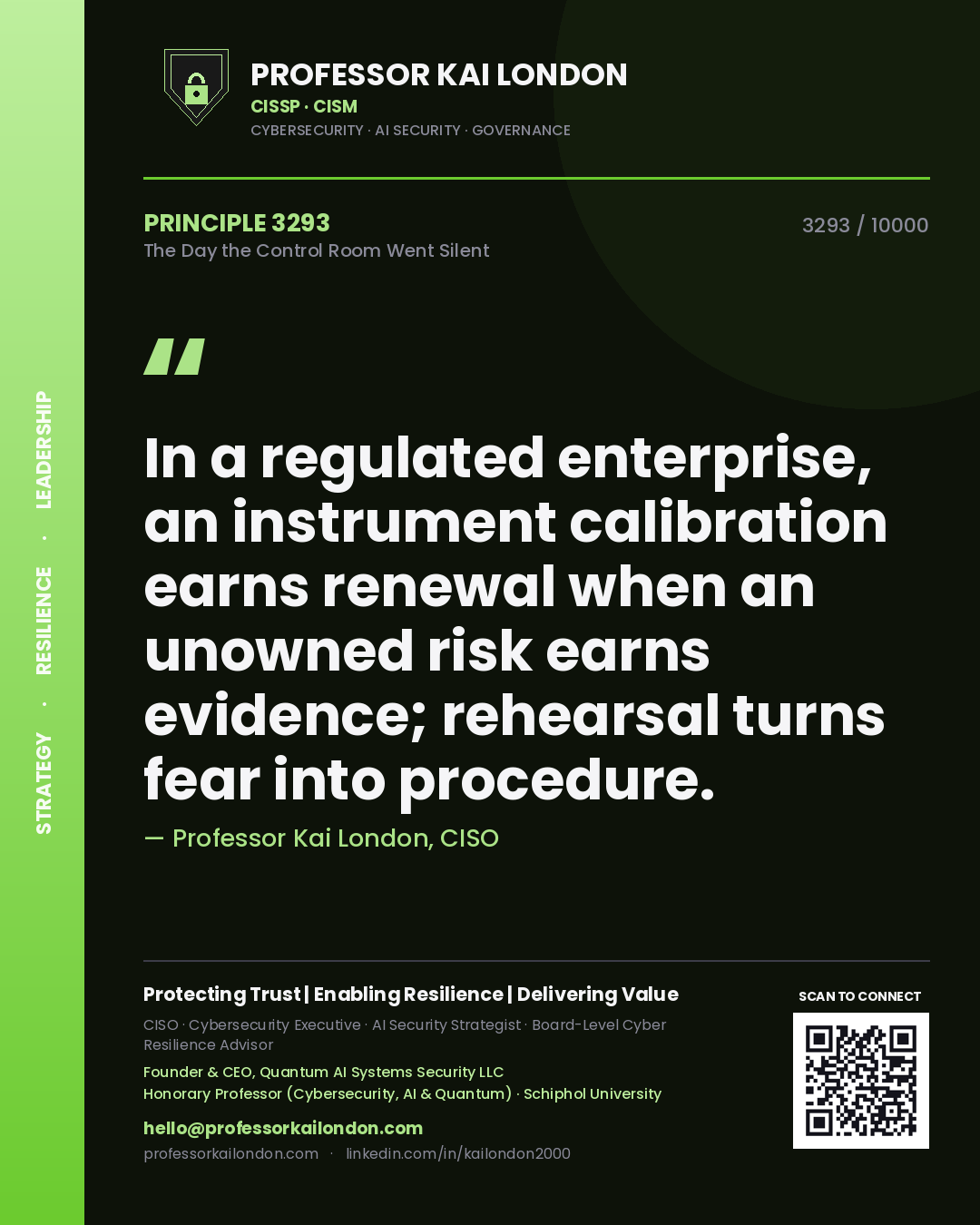 Professor Kai London principle 3293: In a regulated enterprise, an instrument calibration earns renewal when an unowned risk earns evidence; rehearsal turns fear into procedure.