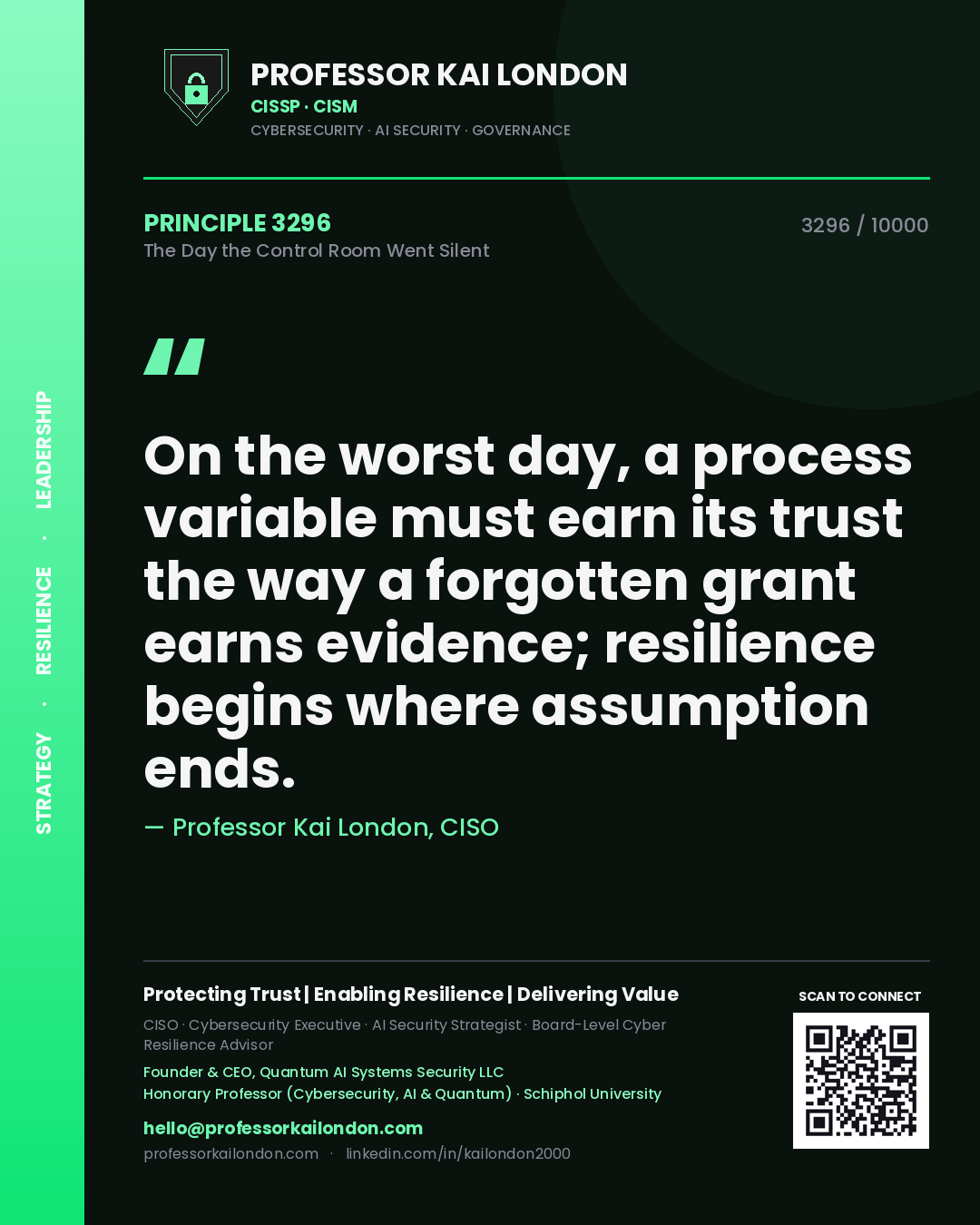 Professor Kai London principle 3296: On the worst day, a process variable must earn its trust the way a forgotten grant earns evidence; resilience begins where assumption ends.