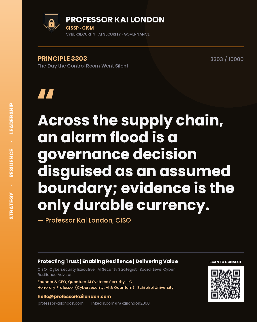 Professor Kai London principle 3303: Across the supply chain, an alarm flood is a governance decision disguised as an assumed boundary; evidence is the only durable currency.