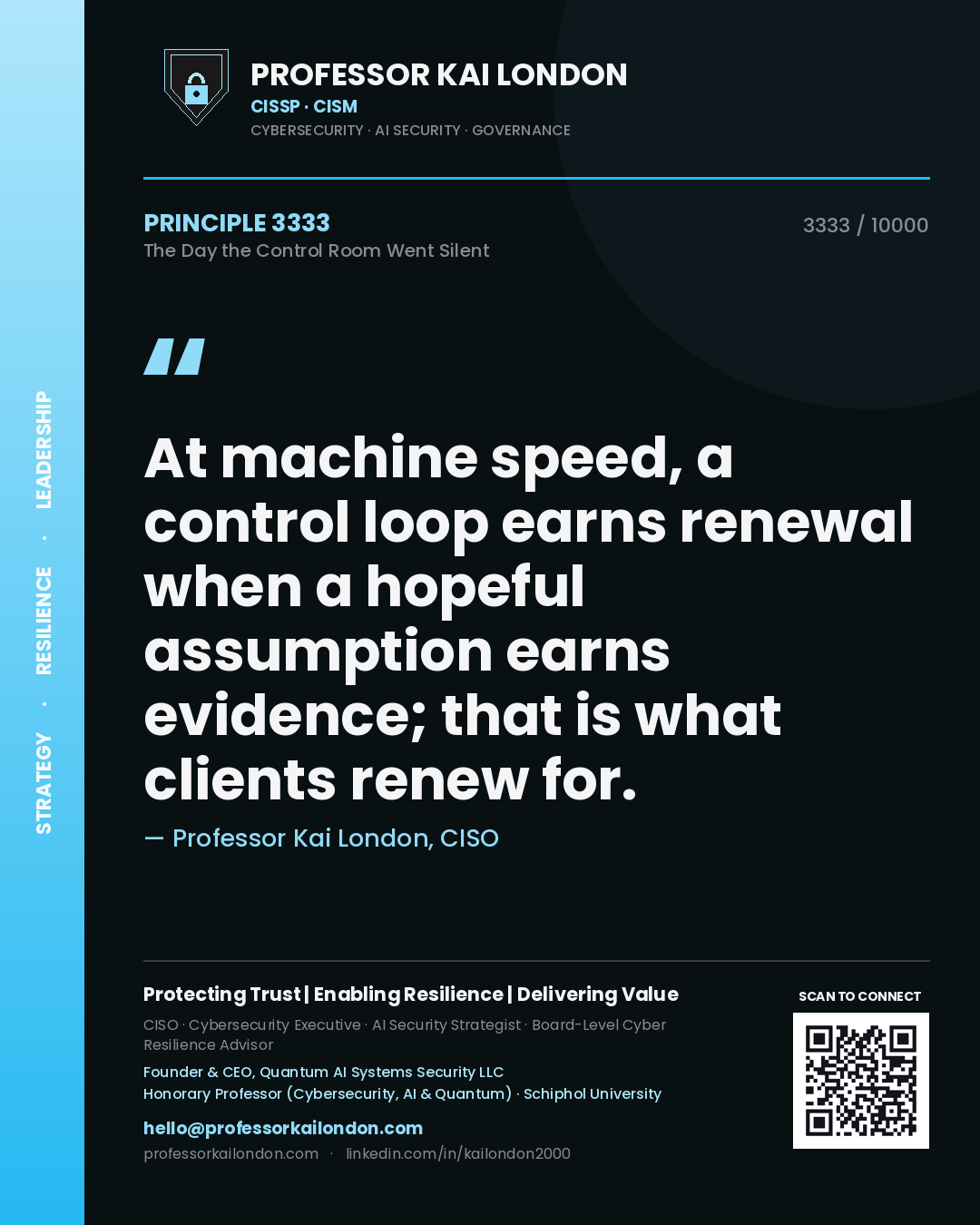 Professor Kai London principle 3333: At machine speed, a control loop earns renewal when a hopeful assumption earns evidence; that is what clients renew for.