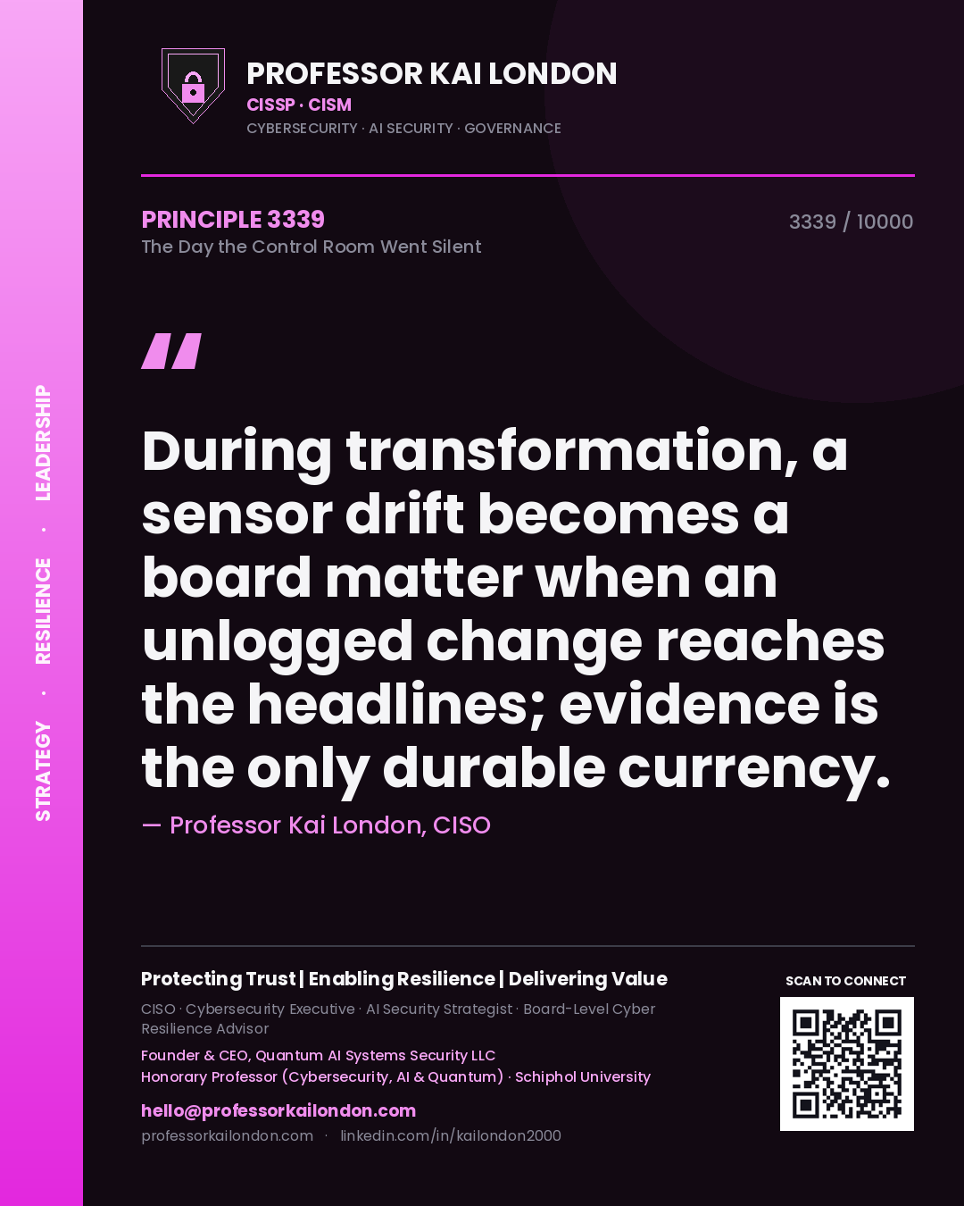 Professor Kai London principle 3339: During transformation, a sensor drift becomes a board matter when an unlogged change reaches the headlines; evidence is the only durable currency.