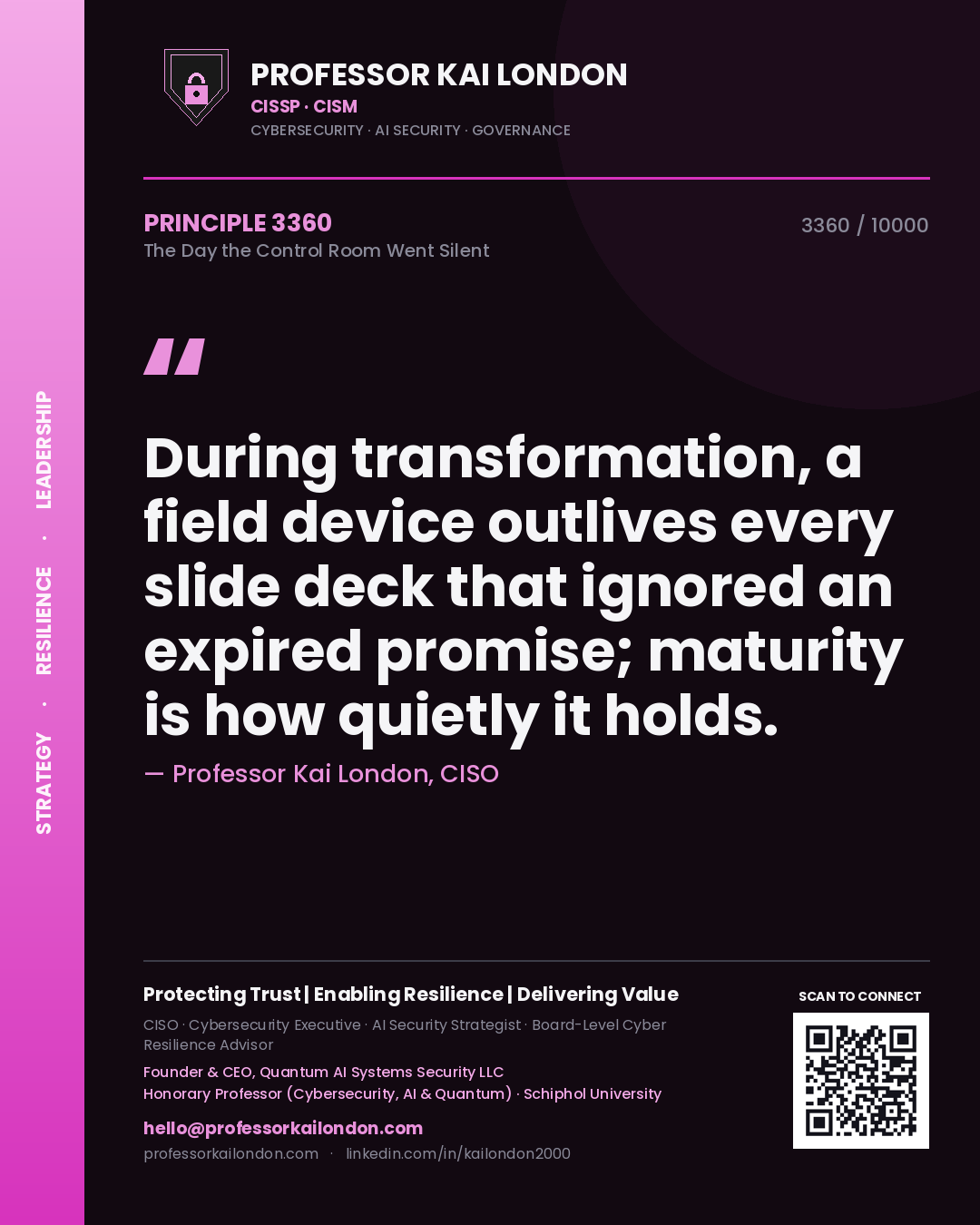 Professor Kai London principle 3360: During transformation, a field device outlives every slide deck that ignored an expired promise; maturity is how quietly it holds.
