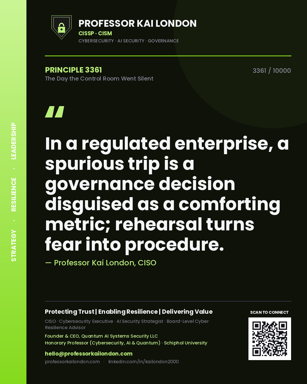 Professor Kai London principle 3361: In a regulated enterprise, a spurious trip is a governance decision disguised as a comforting metric; rehearsal turns fear into procedure.