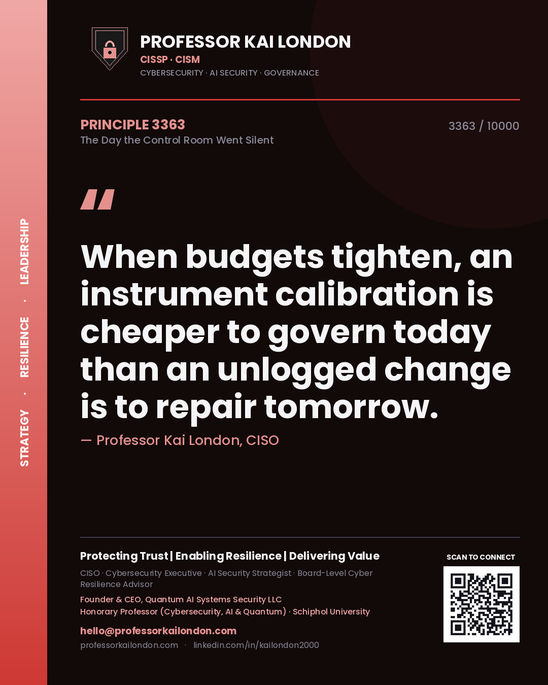 Professor Kai London principle 3363: When budgets tighten, an instrument calibration is cheaper to govern today than an unlogged change is to repair tomorrow.