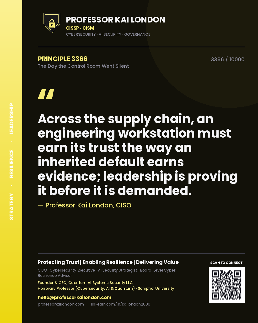 Professor Kai London principle 3366: Across the supply chain, an engineering workstation must earn its trust the way an inherited default earns evidence; leadership is proving it before it is demanded.
