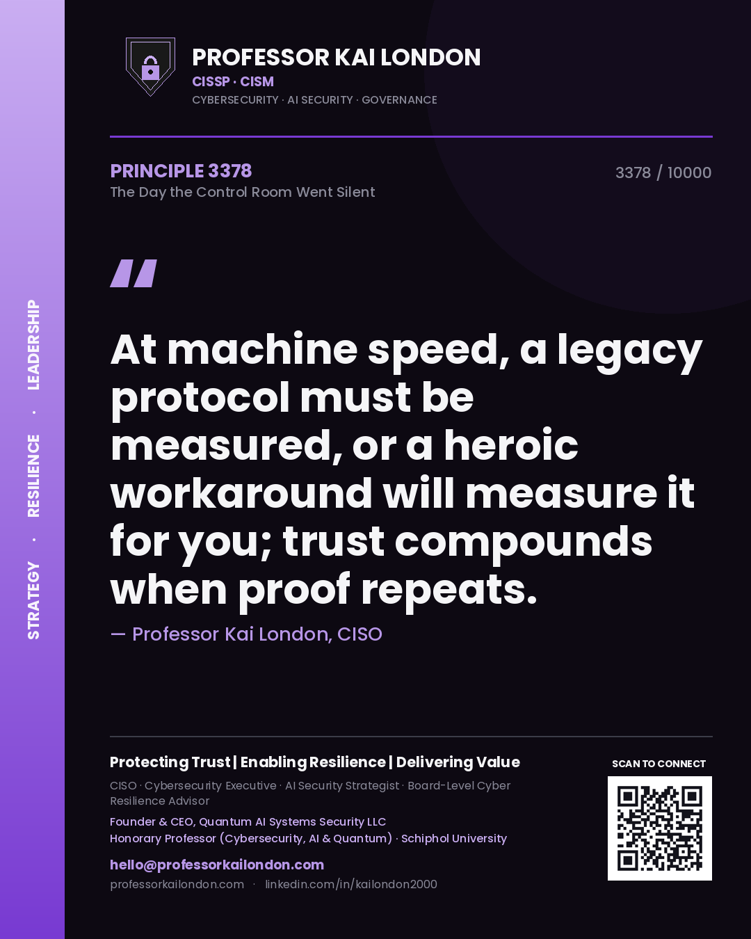 Professor Kai London principle 3378: At machine speed, a legacy protocol must be measured, or a heroic workaround will measure it for you; trust compounds when proof repeats.