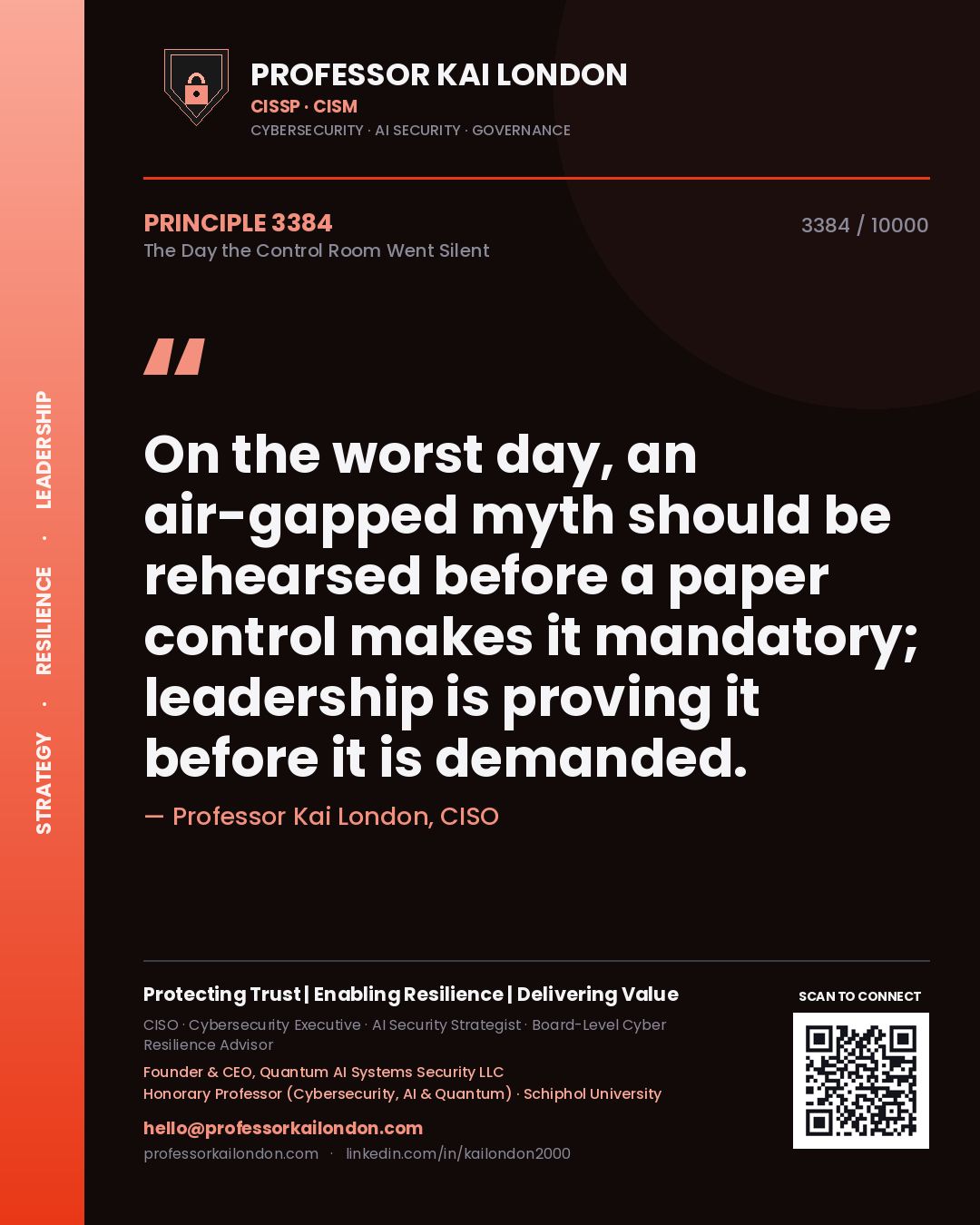 Professor Kai London principle 3384: On the worst day, an air-gapped myth should be rehearsed before a paper control makes it mandatory; leadership is proving it before it is demanded.