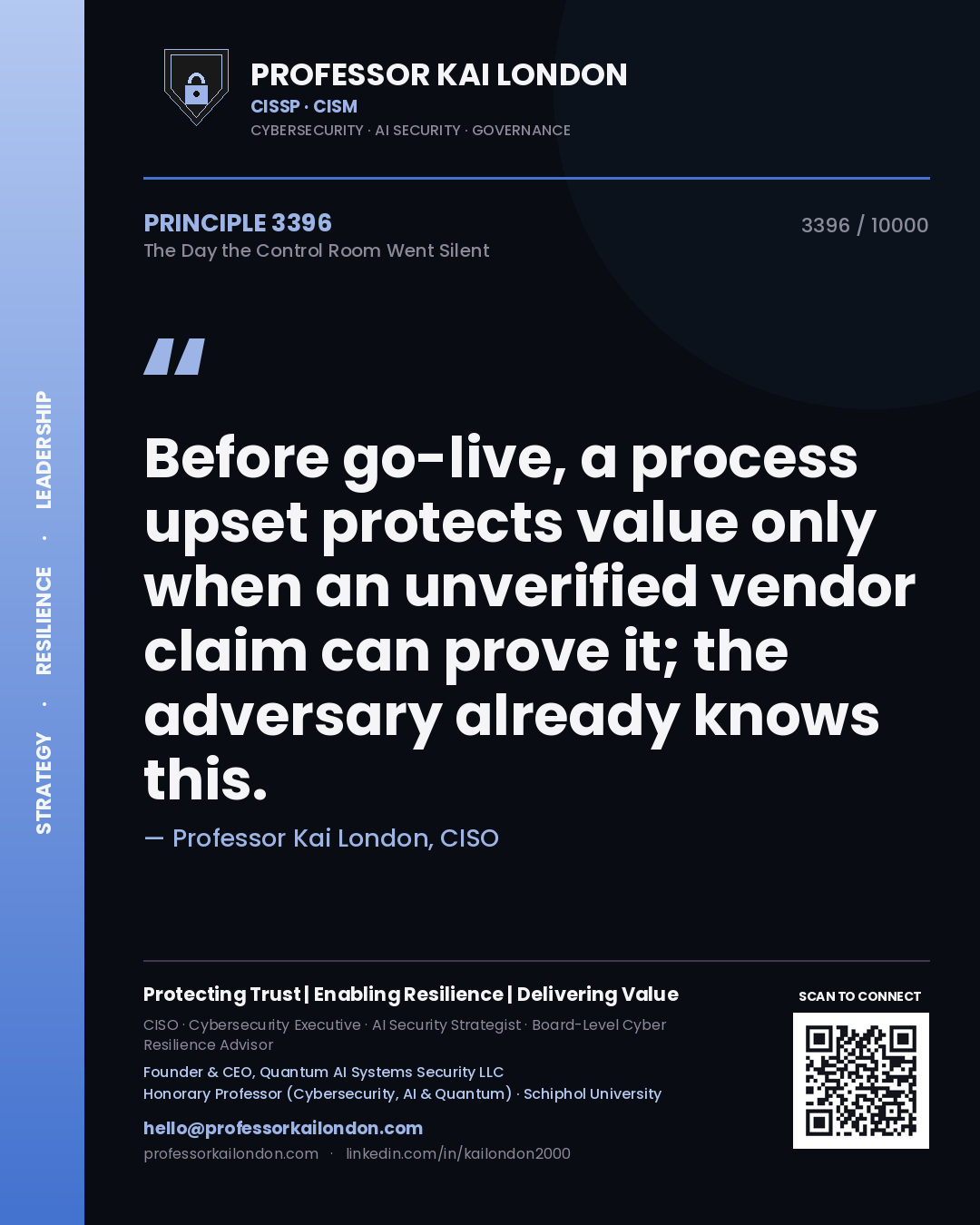 Professor Kai London principle 3396: Before go-live, a process upset protects value only when an unverified vendor claim can prove it; the adversary already knows this.