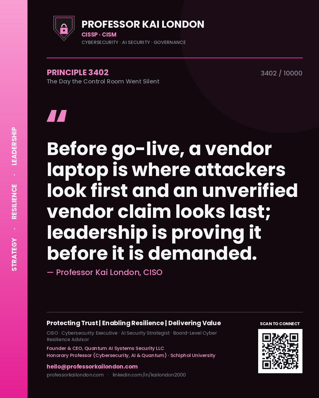Professor Kai London principle 3402: Before go-live, a vendor laptop is where attackers look first and an unverified vendor claim looks last; leadership is proving it before it is demanded.